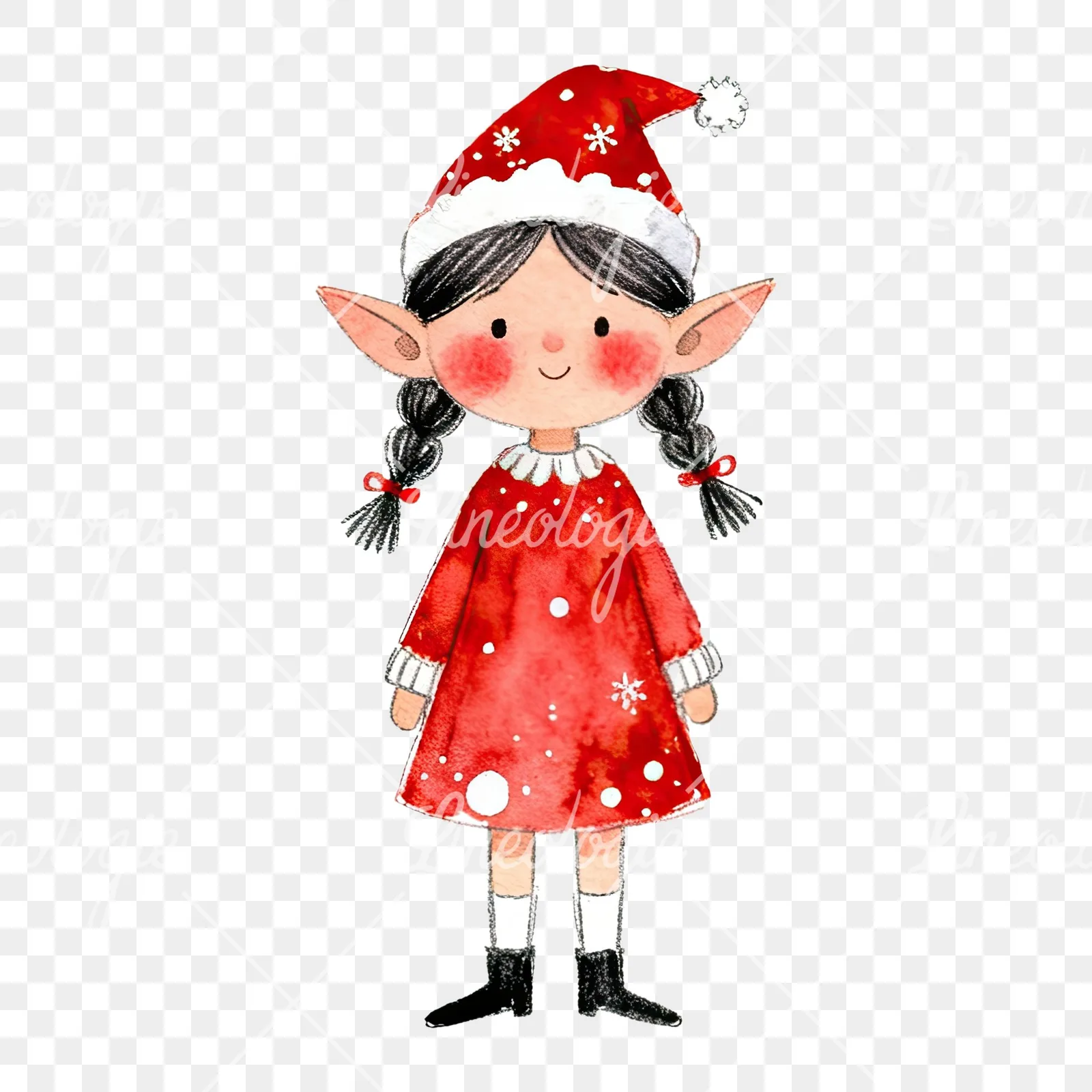 Watercolor red and green Christmas elf clipart 2 of 6 on a transparent background (PNG)