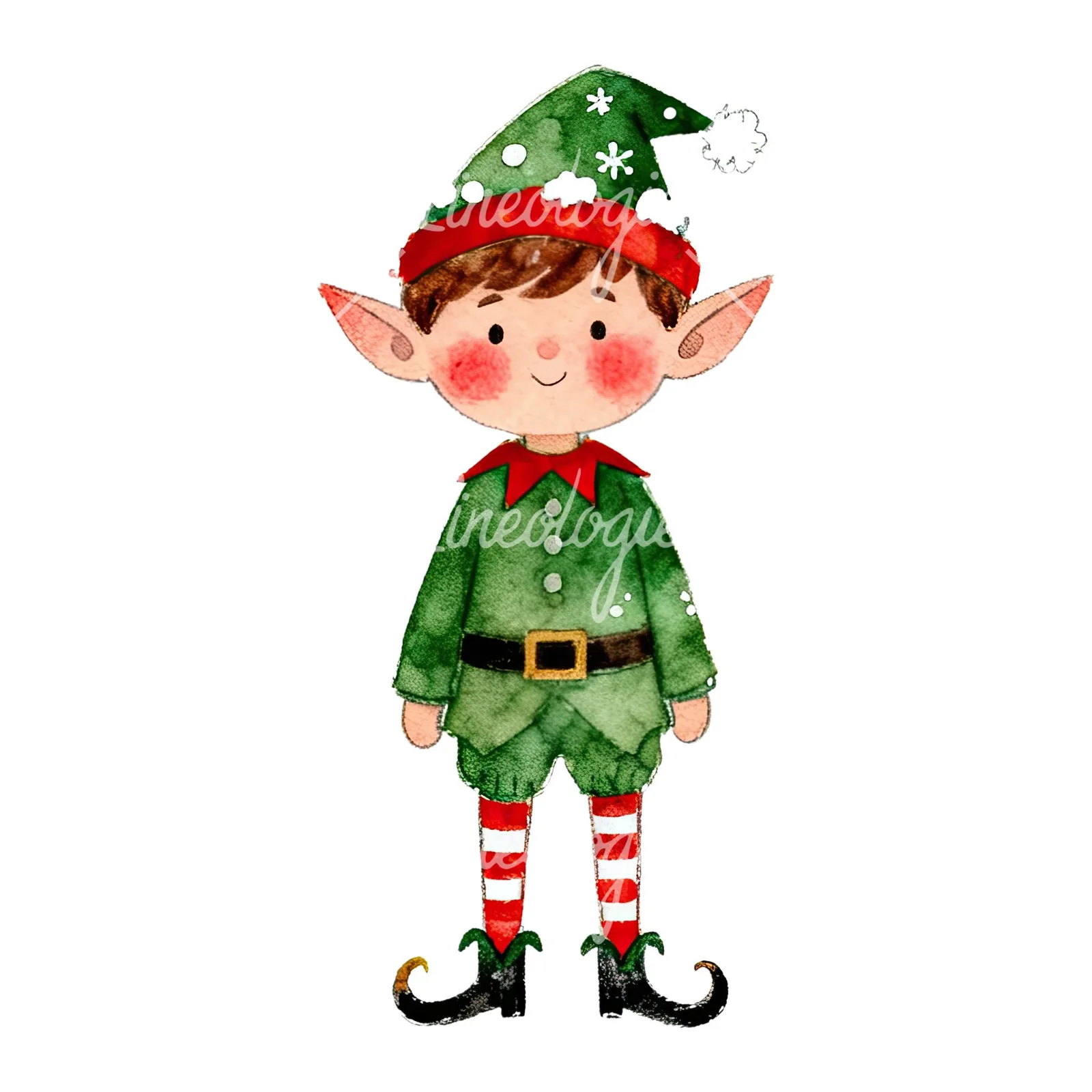 Watercolor red and green Christmas elf clipart 3 of 6 on a white background (JPG)