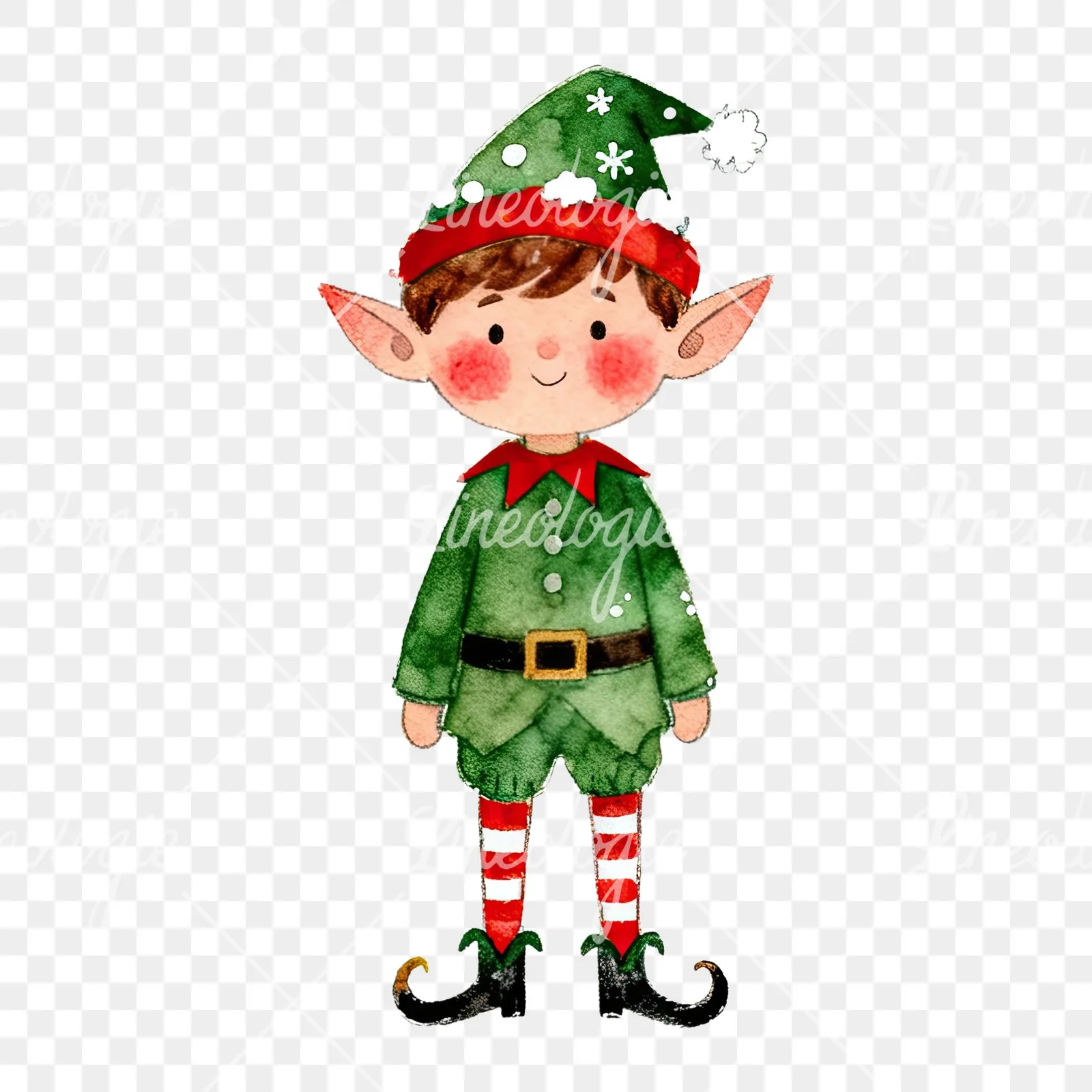 Watercolor red and green Christmas elf clipart 3 of 6 on a transparent background (PNG)