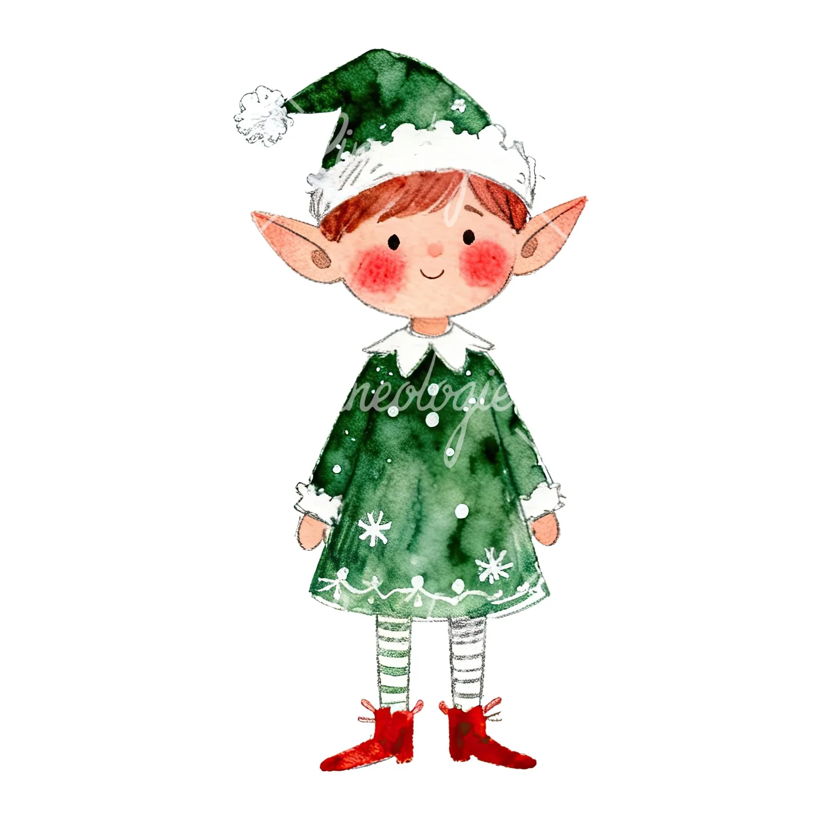 Watercolor red and green Christmas elf clipart 4 of 6 on a white background (JPG)