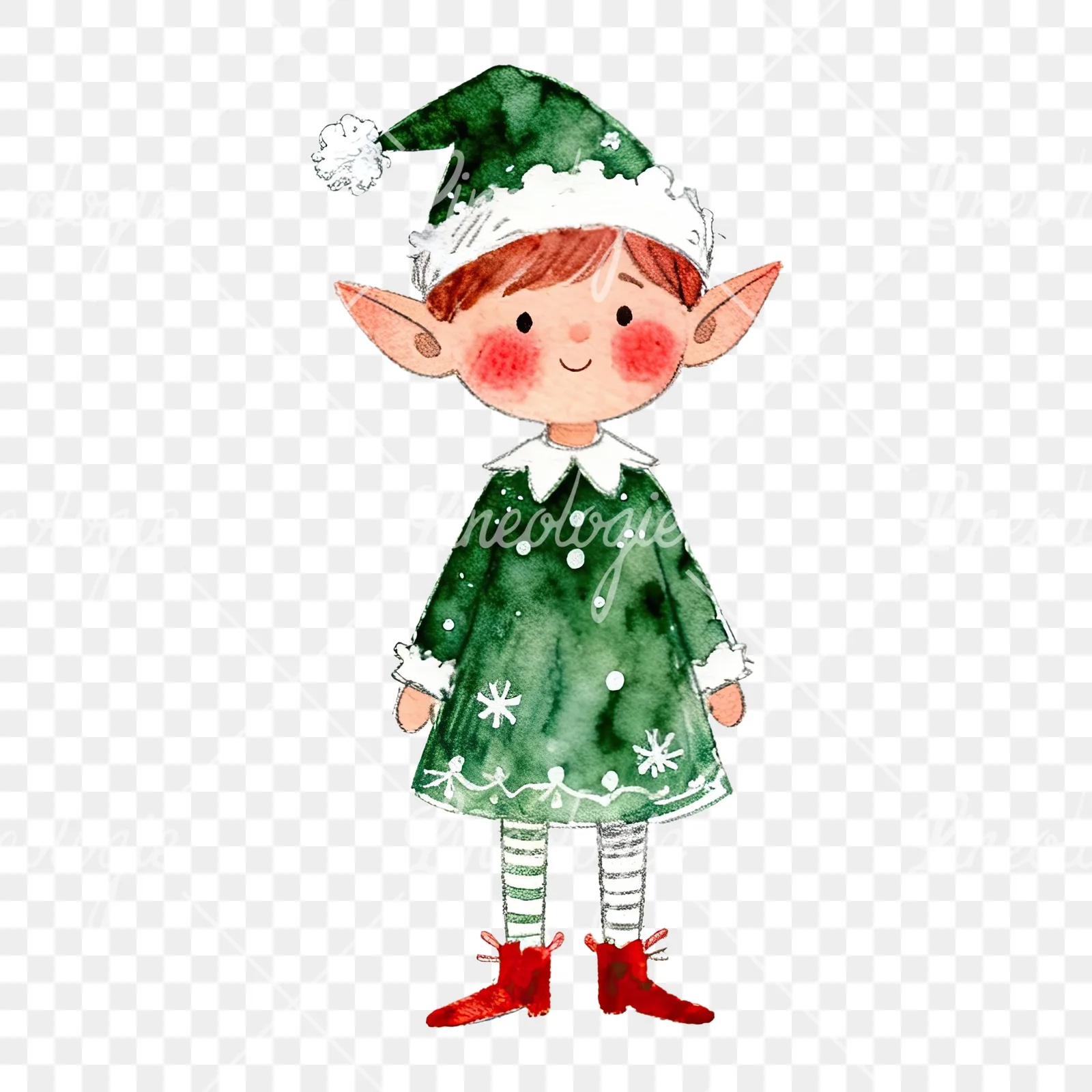 Watercolor red and green Christmas elf clipart 4 of 6 on a transparent background (PNG)
