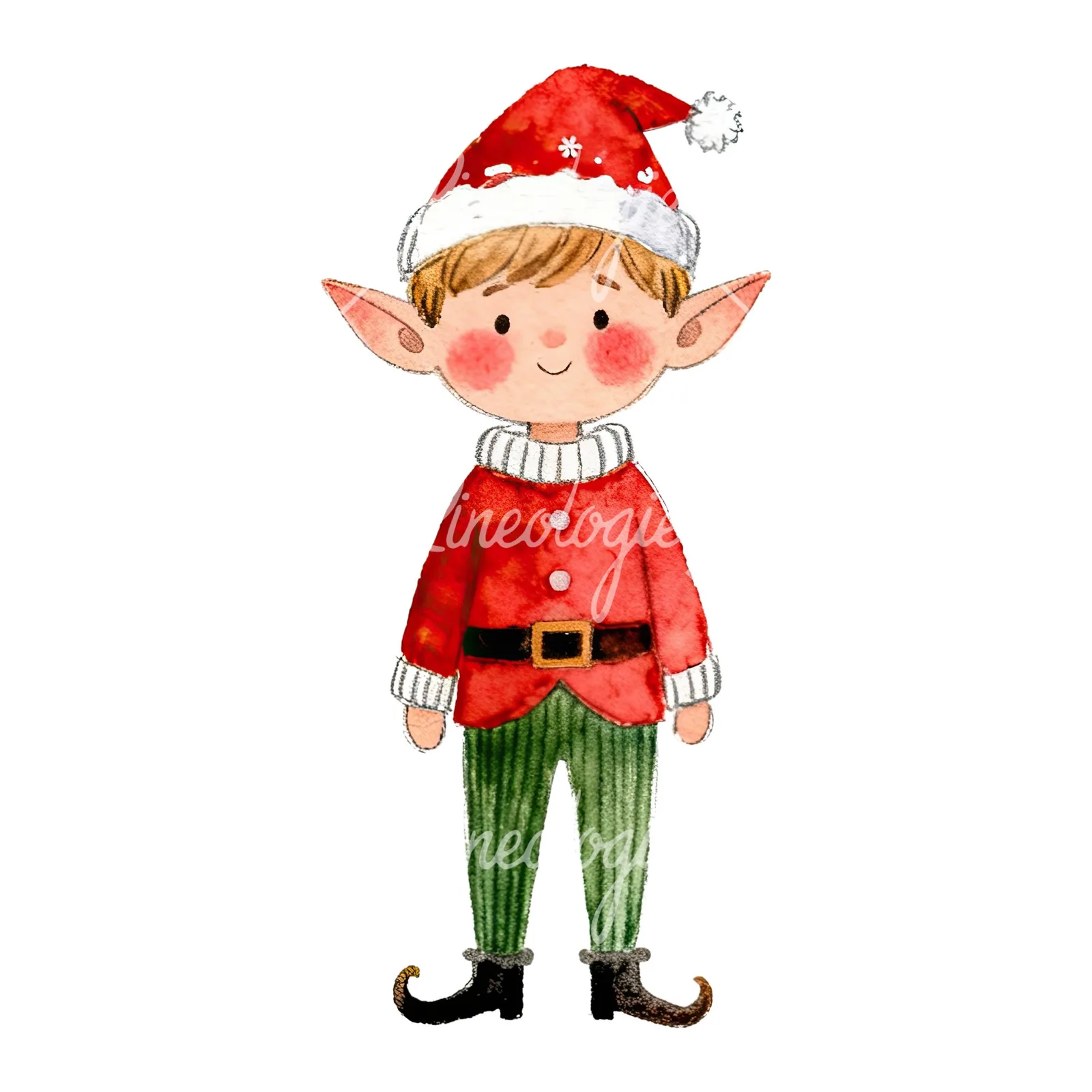 Watercolor red and green Christmas elf clipart 5 of 6 on a white background (JPG)