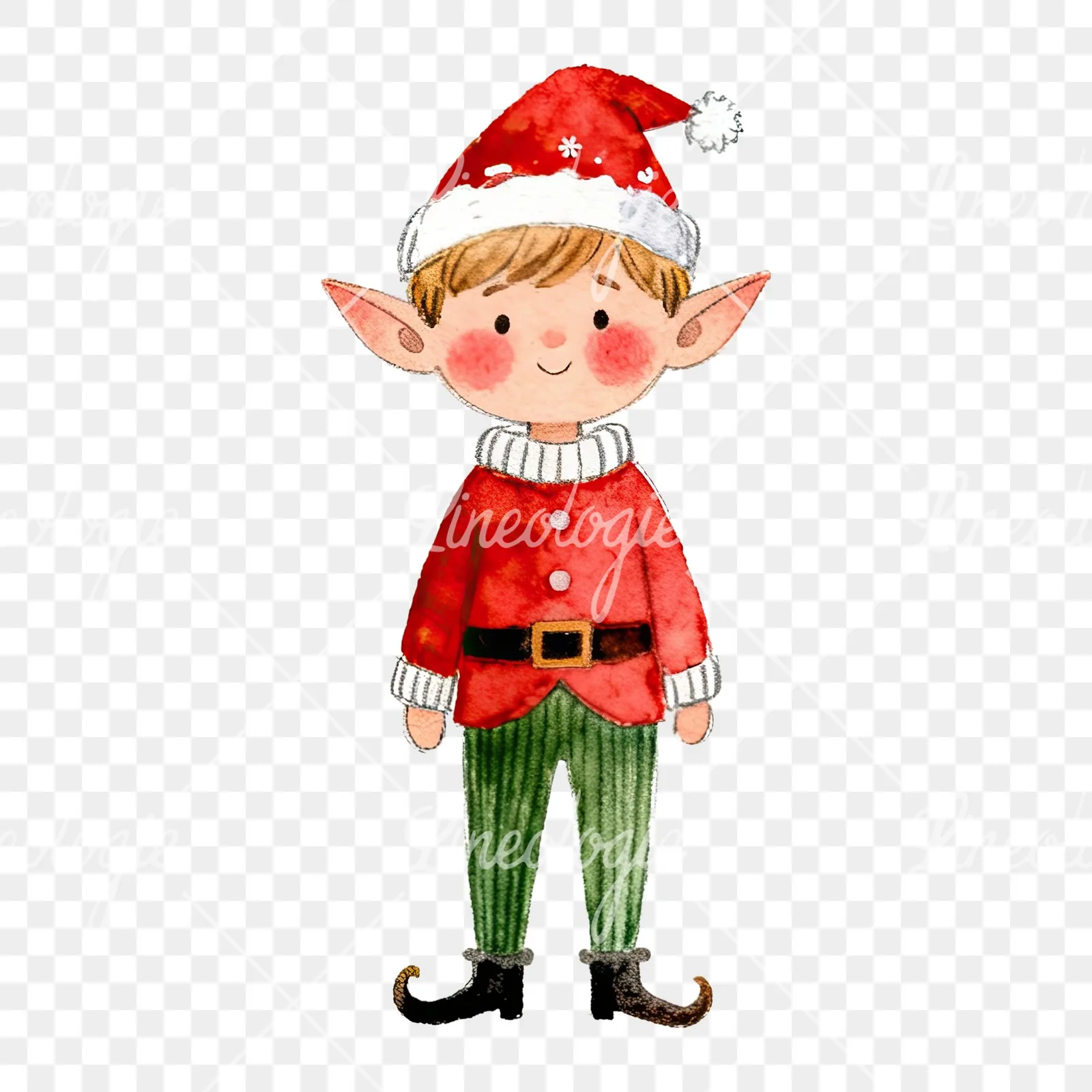 Watercolor red and green Christmas elf clipart 5 of 6 on a transparent background (PNG)