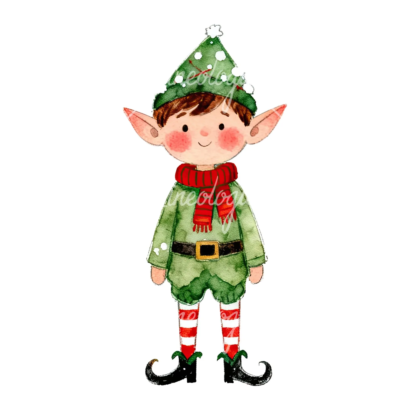 Watercolor red and green Christmas elf clipart 6 of 6 on a white background (JPG)