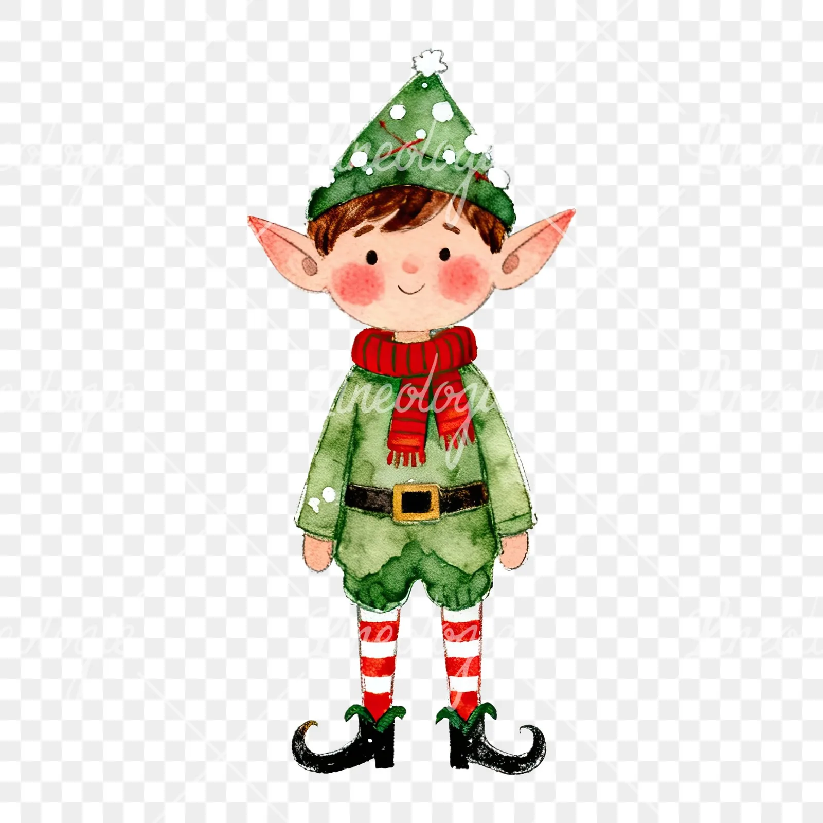 Watercolor red and green Christmas elf clipart 6 of 6 on a transparent background (PNG)