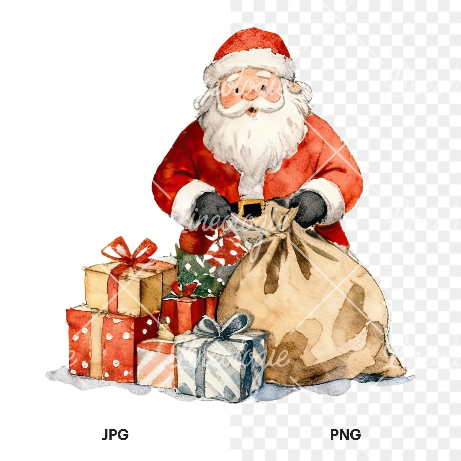 Watercolor santa claus clipart 3 of 8, as a JPG on white and a transparent PNG