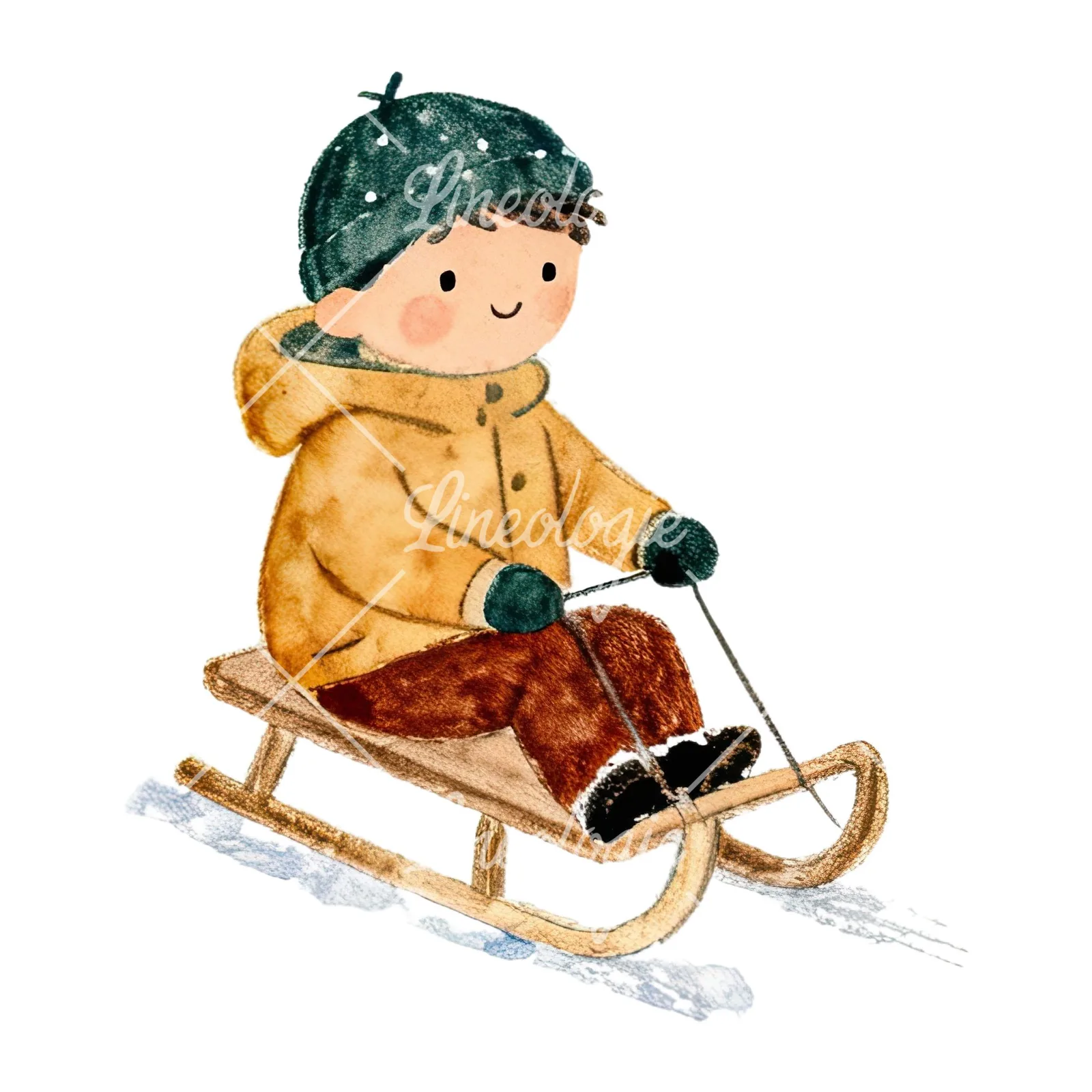 Watercolor children sledging clipart 1 of 9 on a white background (JPG)