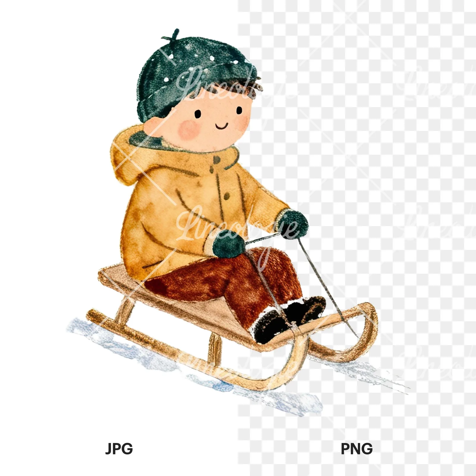 Watercolor children sledging clipart 1 of 9, as a JPG on white and a transparent PNG