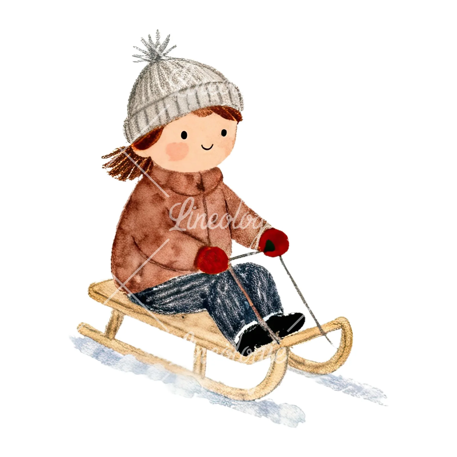 Watercolor children sledging clipart 2 of 9 on a white background (JPG)