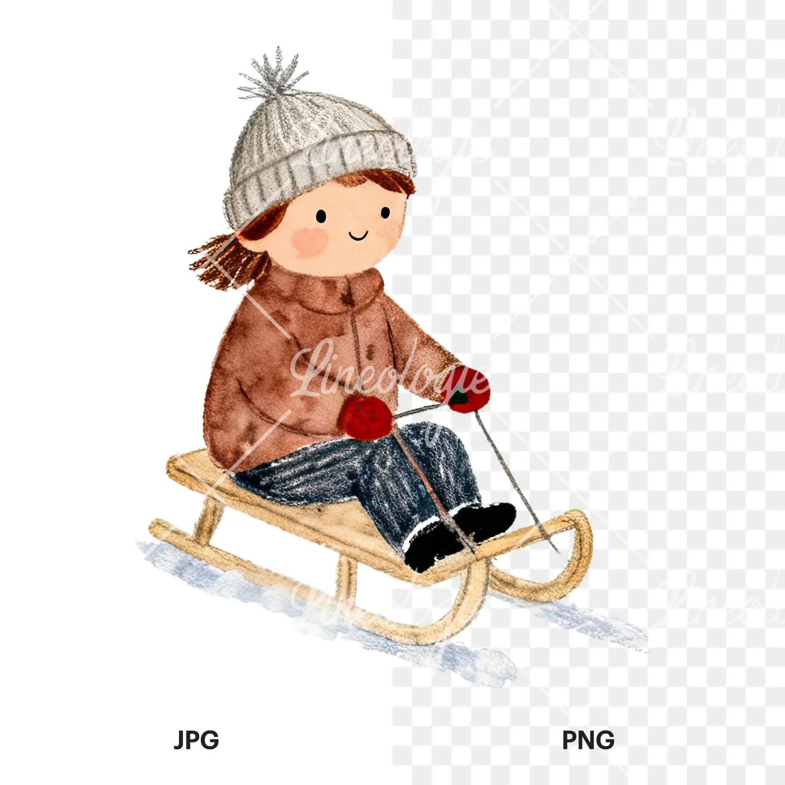 Watercolor children sledging clipart 2 of 9, as a JPG on white and a transparent PNG