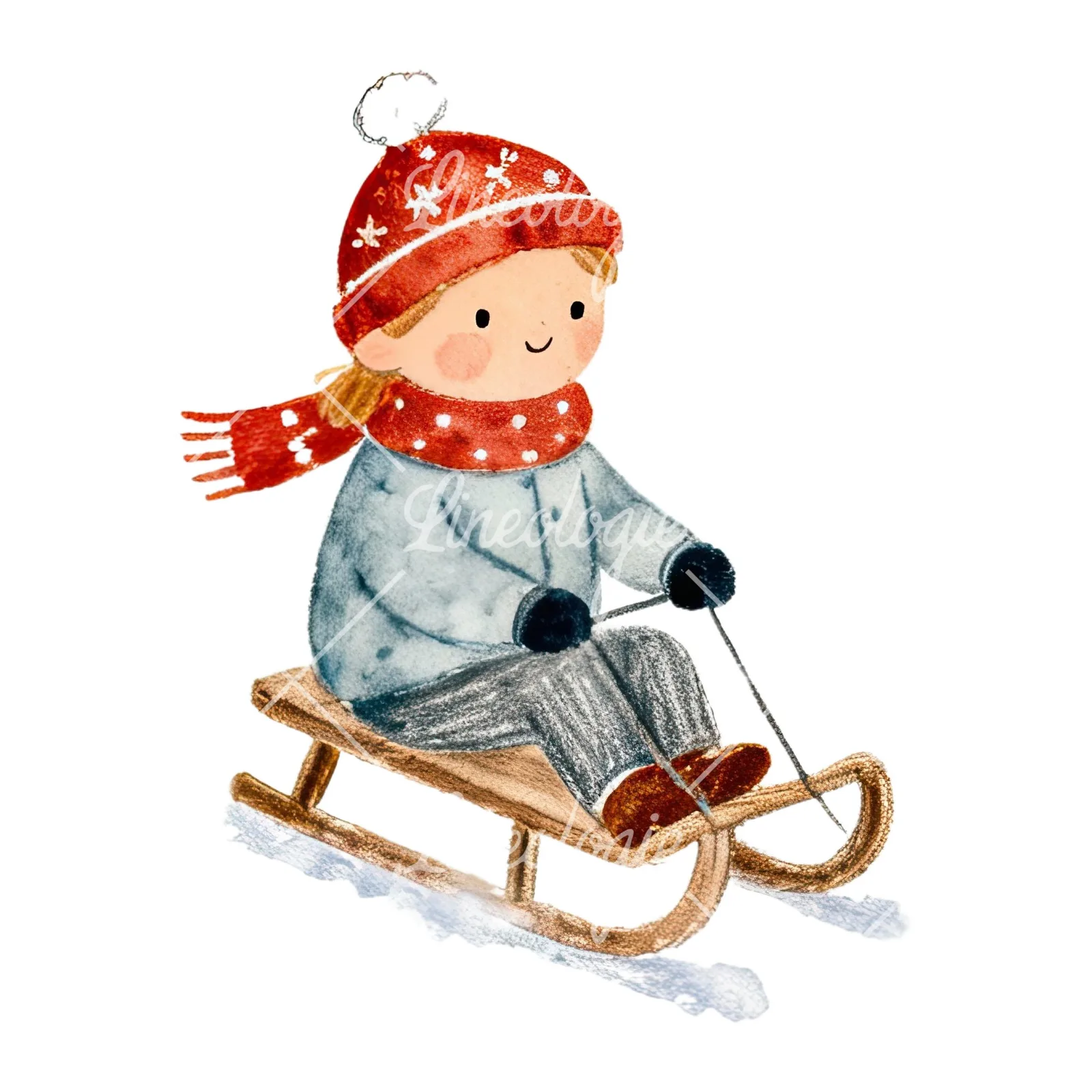 Watercolor children sledging clipart 3 of 9 on a white background (JPG)
