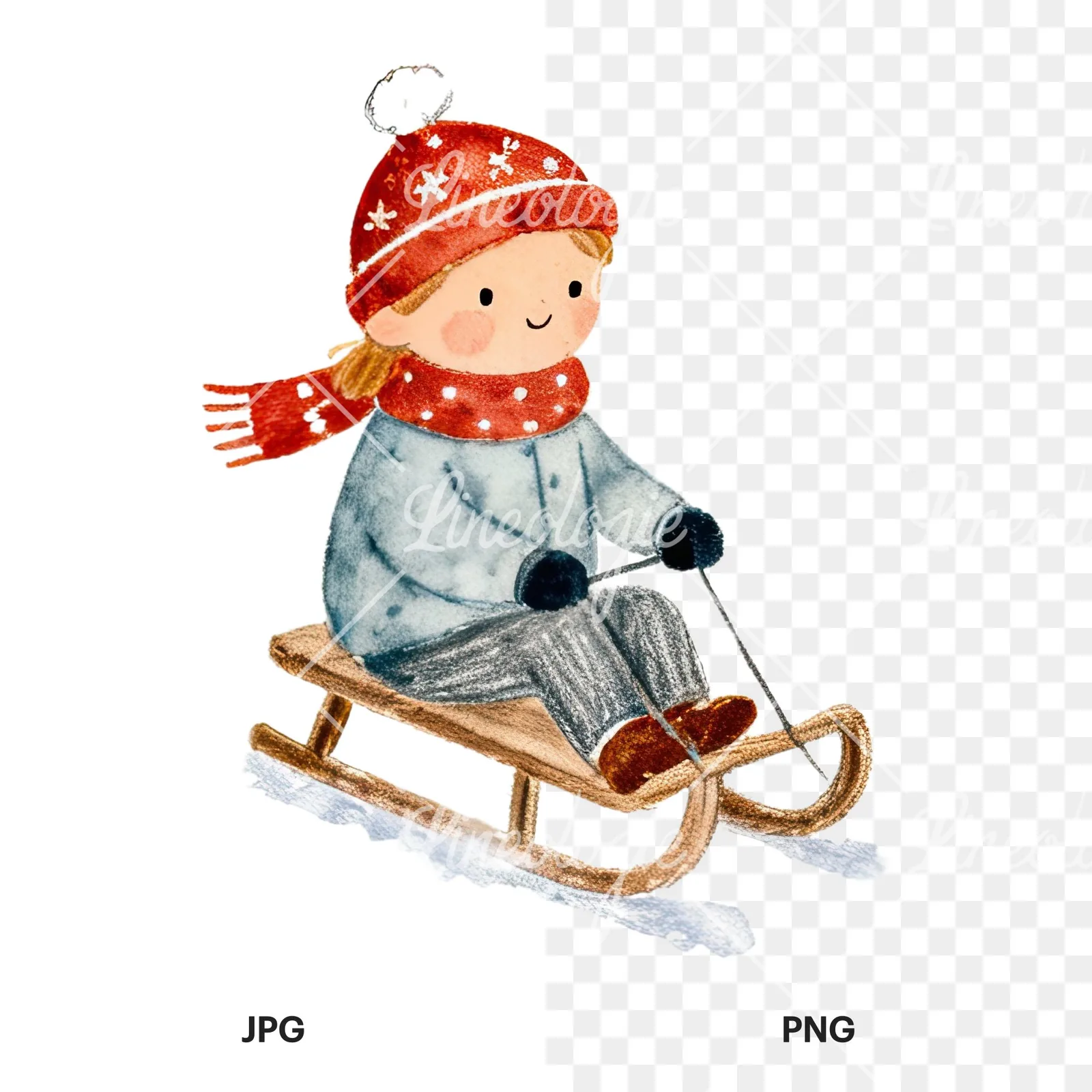 Watercolor children sledging clipart 3 of 9, as a JPG on white and a transparent PNG