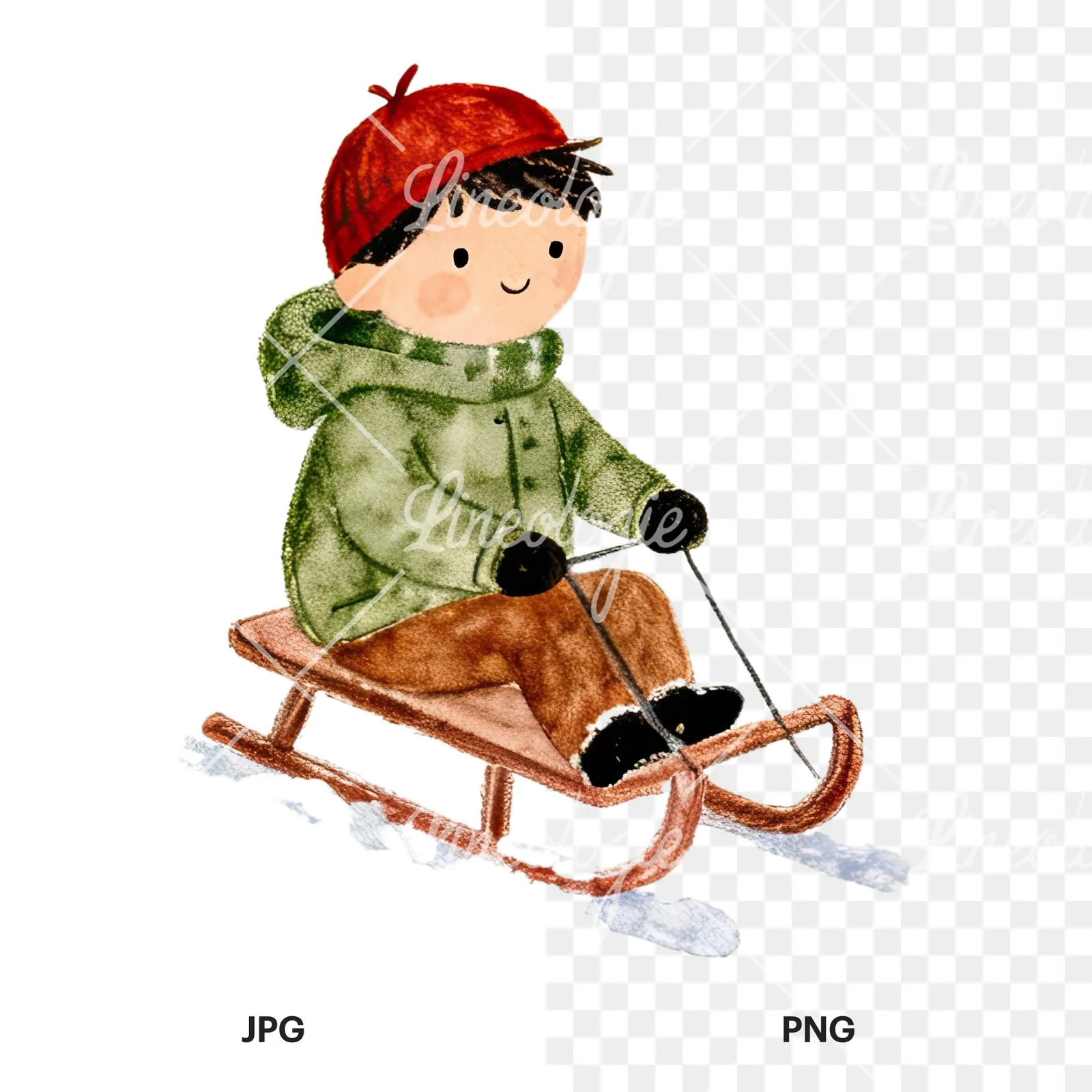 Watercolor children sledging clipart 4 of 9, as a JPG on white and a transparent PNG