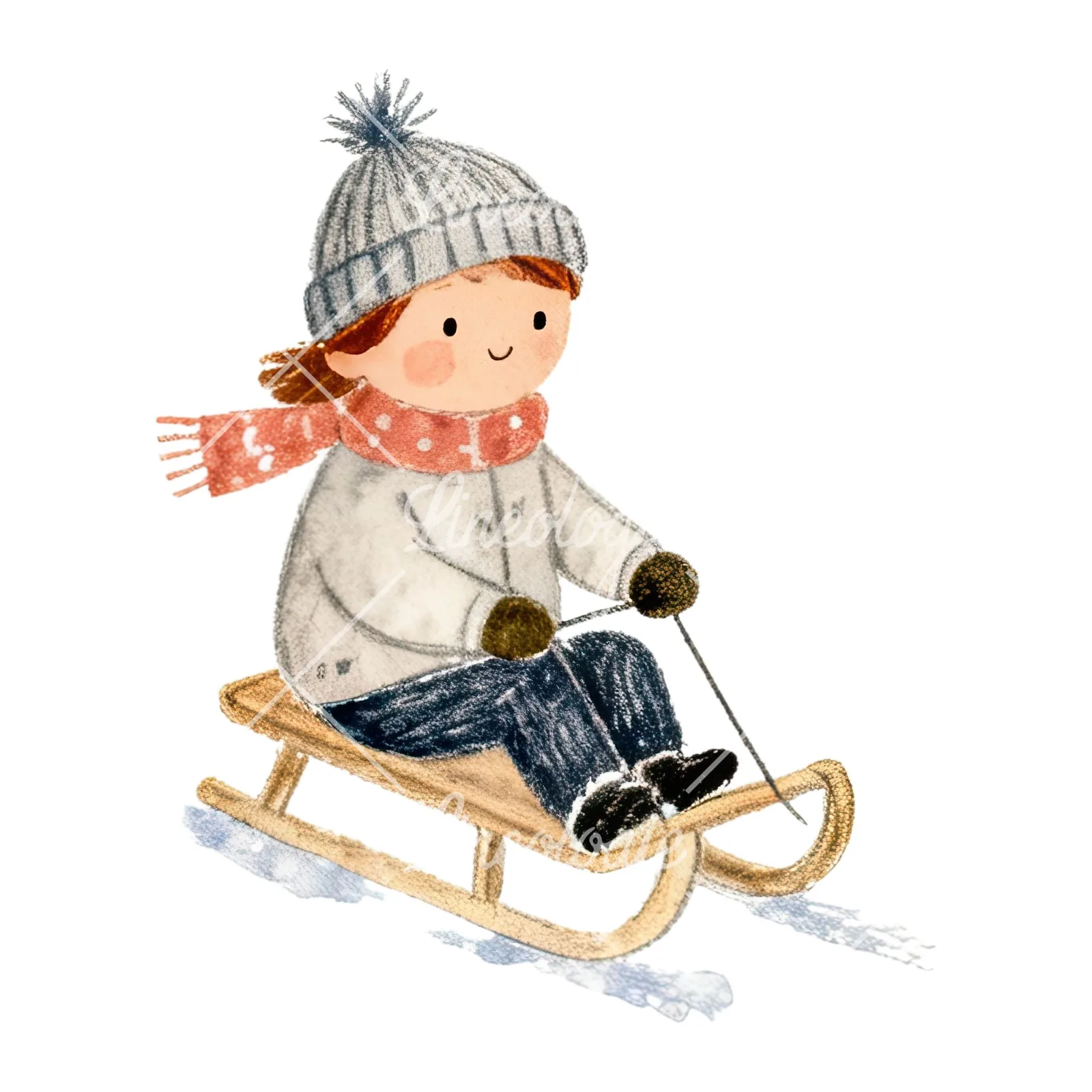 Watercolor children sledging clipart 5 of 9 on a white background (JPG)