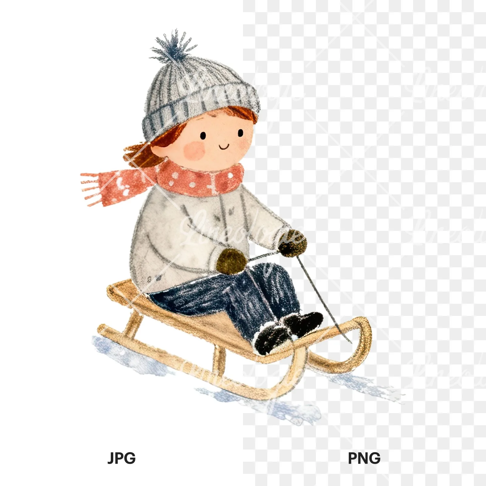 Watercolor children sledging clipart 5 of 9, as a JPG on white and a transparent PNG