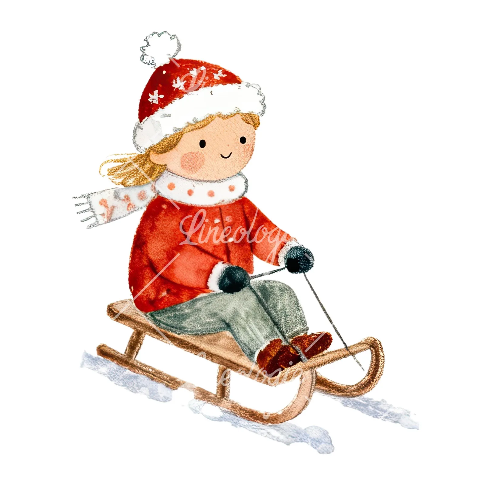 Watercolor children sledging clipart 6 of 9 on a white background (JPG)