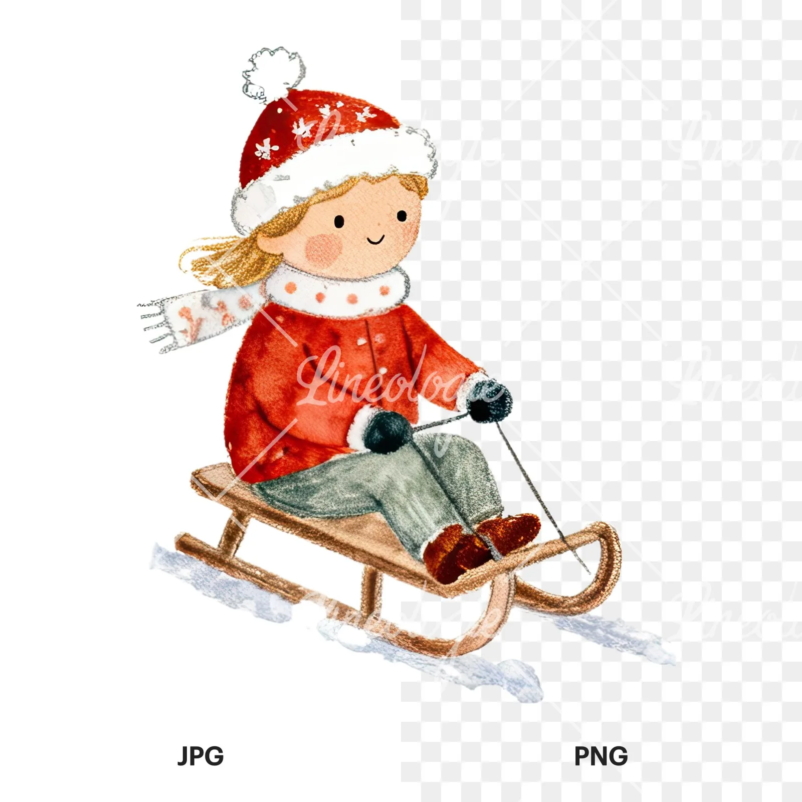 Watercolor children sledging clipart 6 of 9, as a JPG on white and a transparent PNG