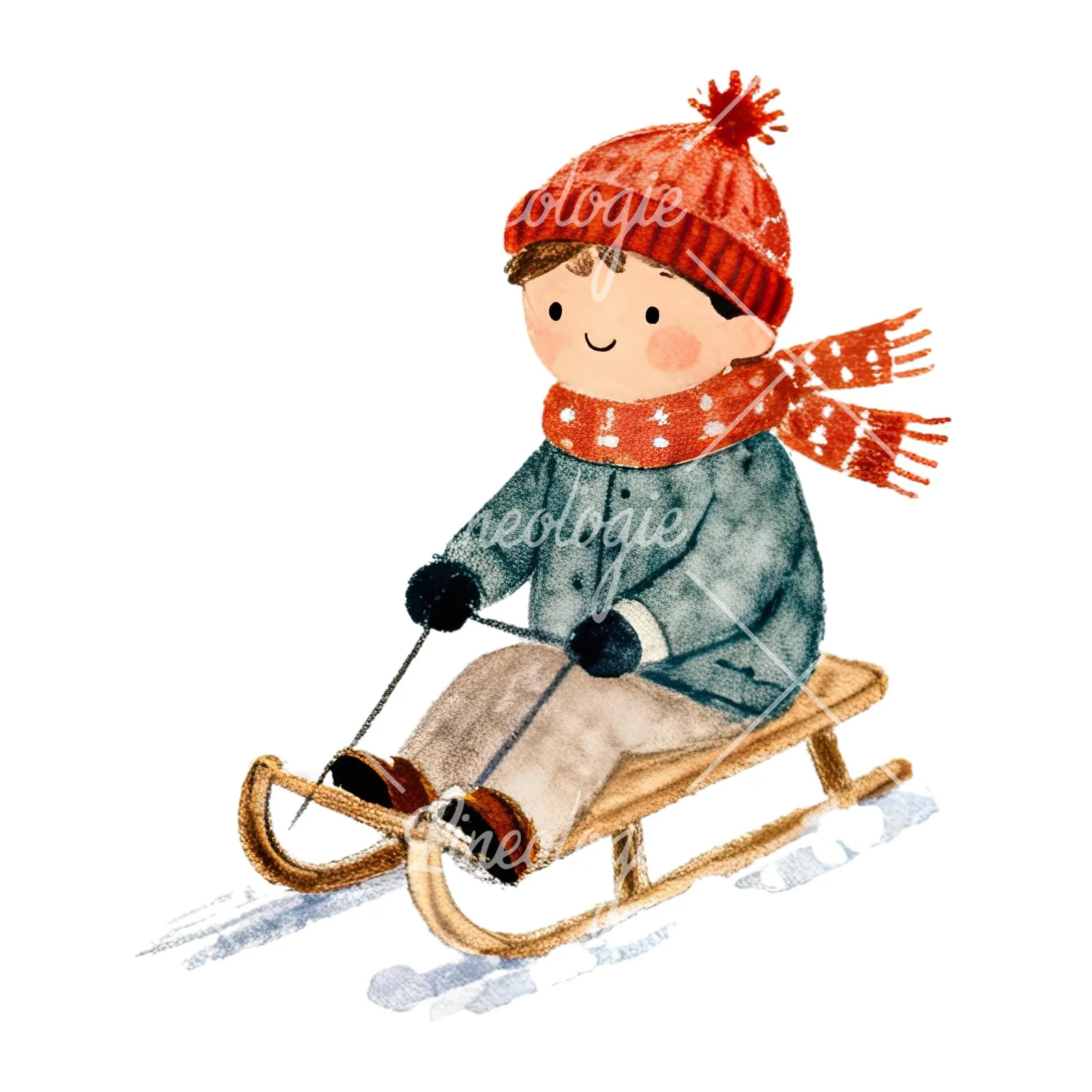 Watercolor children sledging clipart 7 of 9 on a white background (JPG)