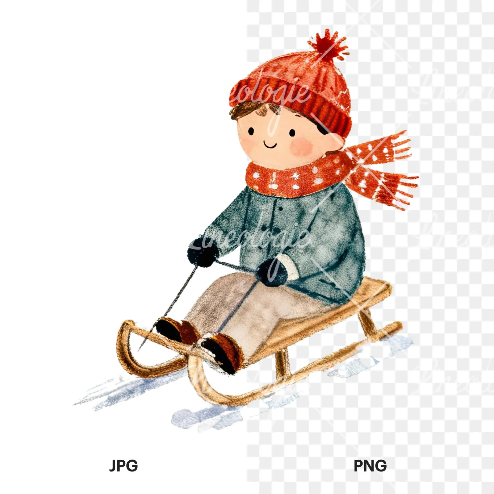 Watercolor children sledging clipart 7 of 9, as a JPG on white and a transparent PNG
