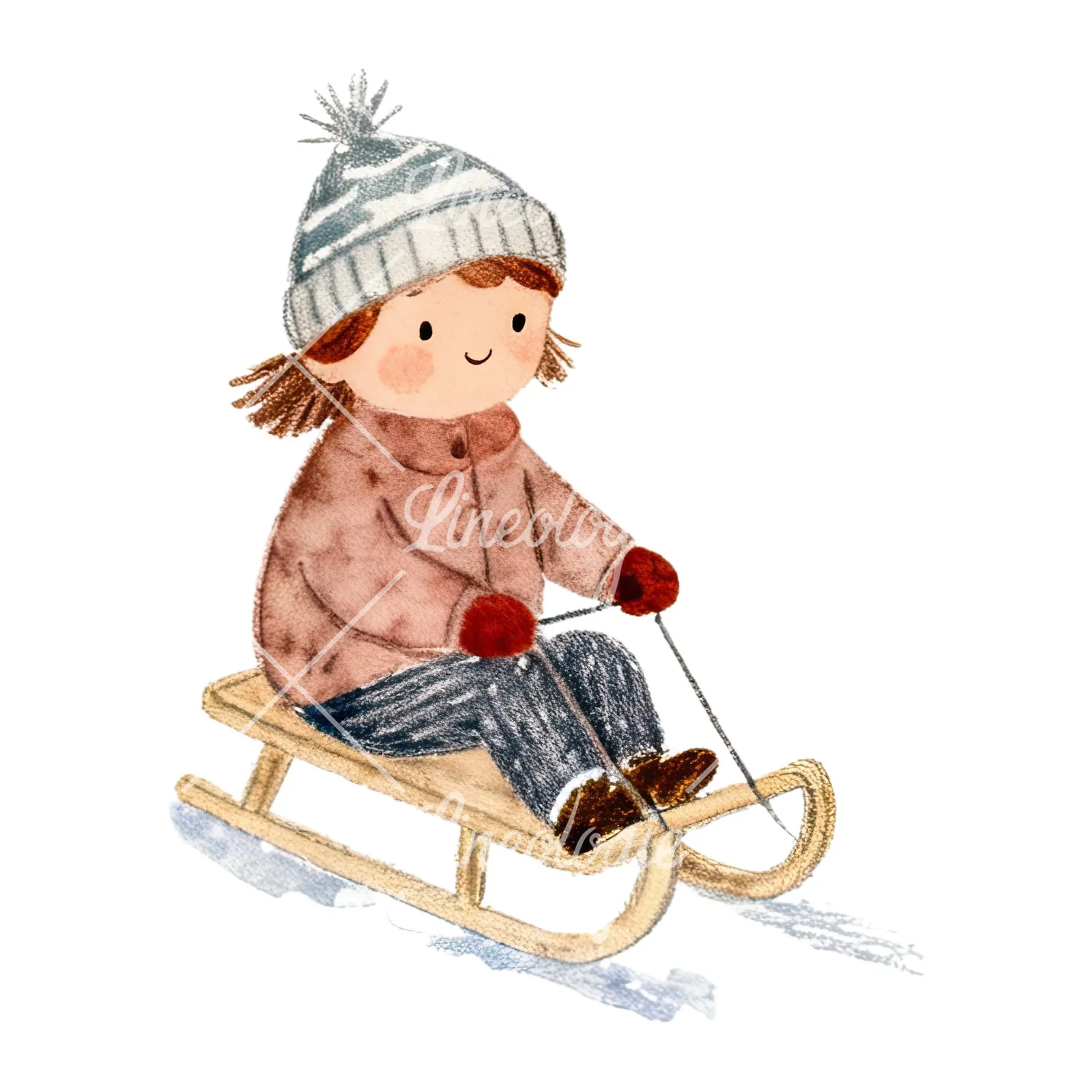 Watercolor children sledging clipart 8 of 9 on a white background (JPG)