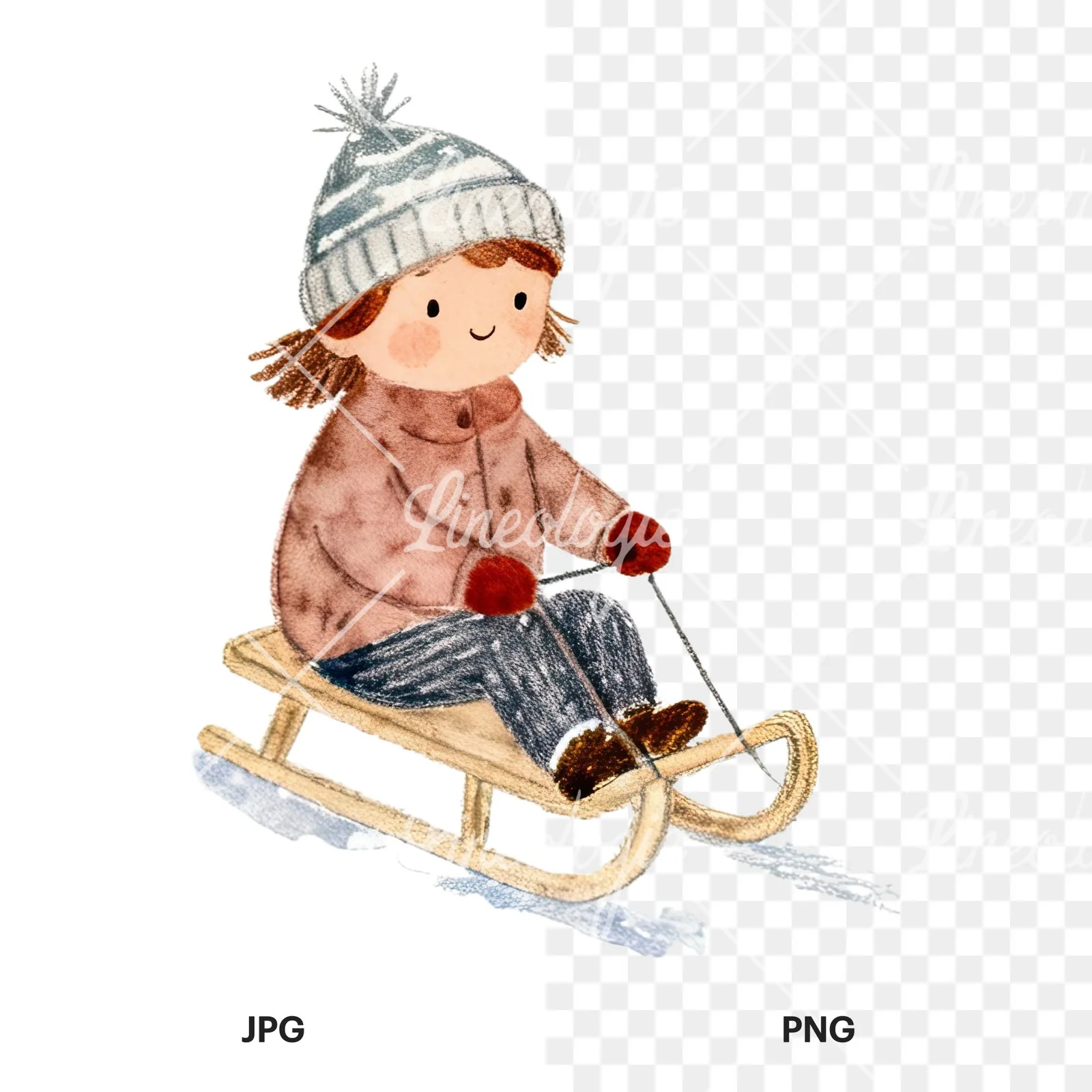 Watercolor children sledging clipart 8 of 9, as a JPG on white and a transparent PNG