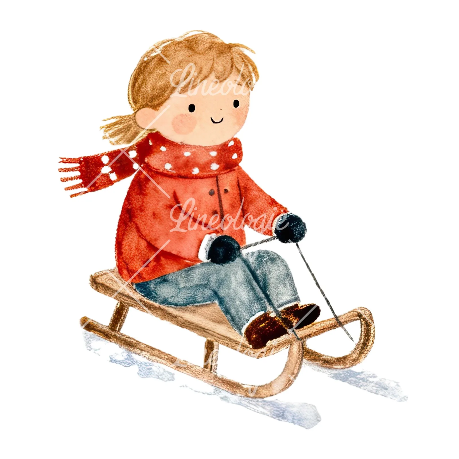 Watercolor children sledging clipart 9 of 9 on a white background (JPG)