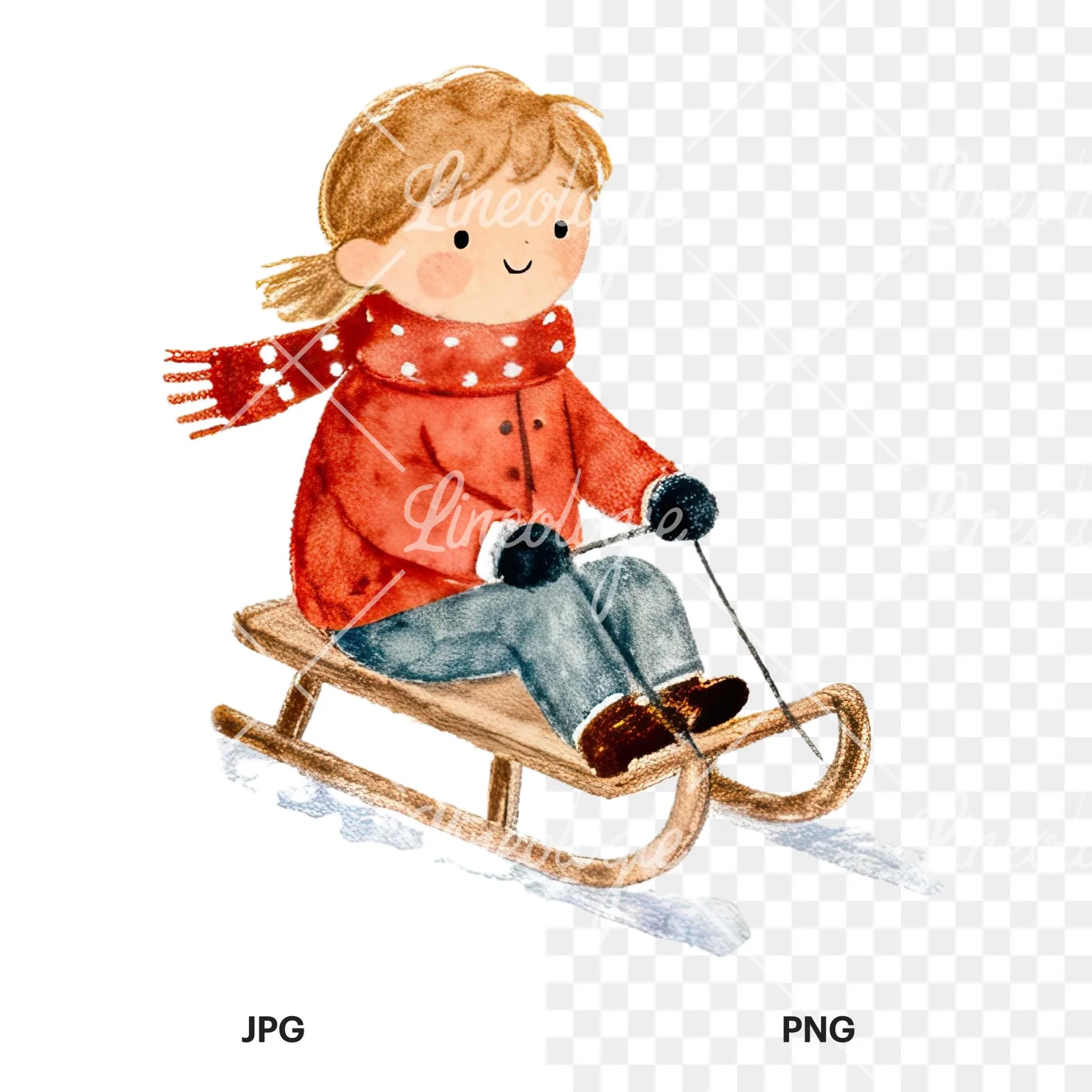 Watercolor children sledging clipart 9 of 9, as a JPG on white and a transparent PNG
