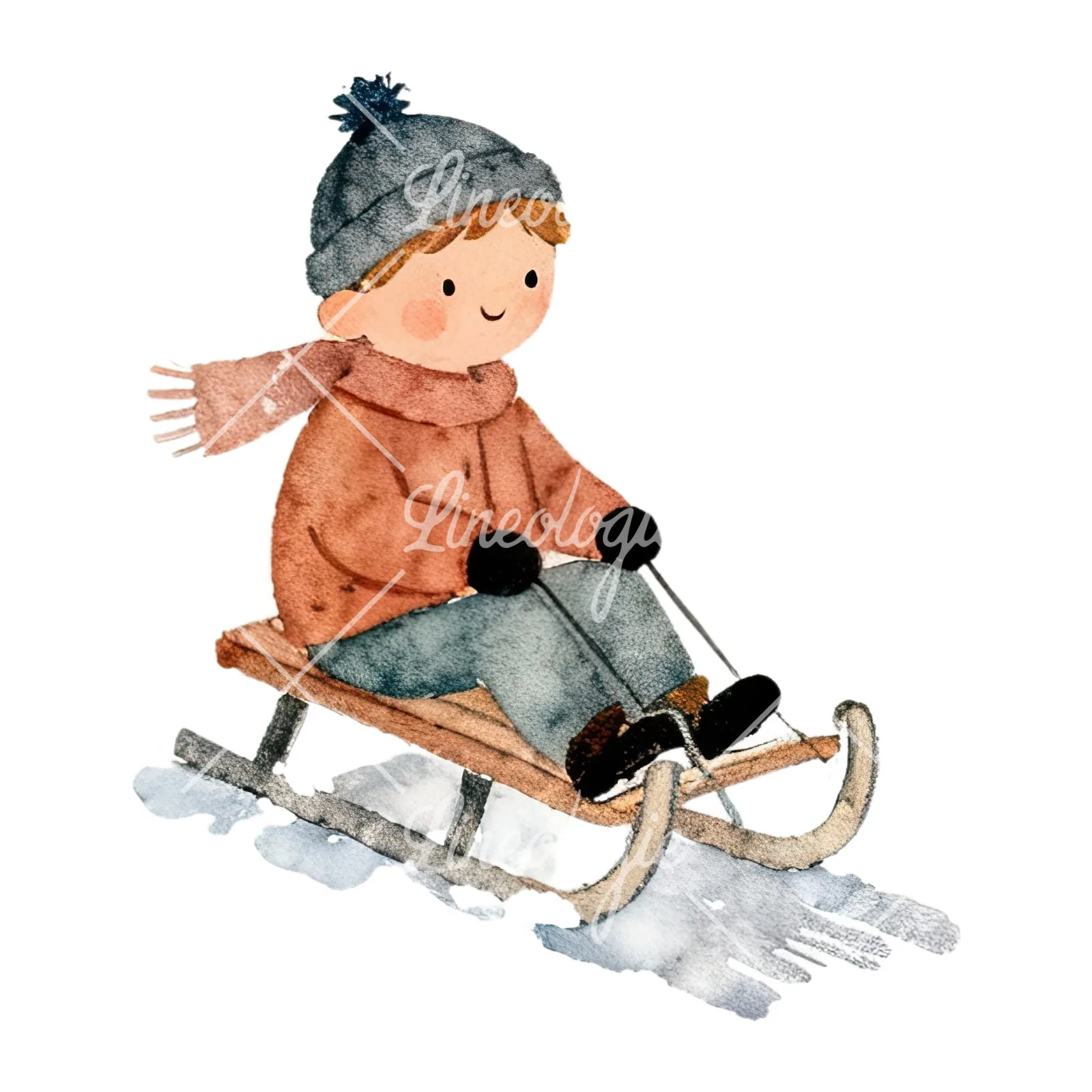 Watercolor Christmas children sledging clipart 1 of 9 on a white background (JPG)