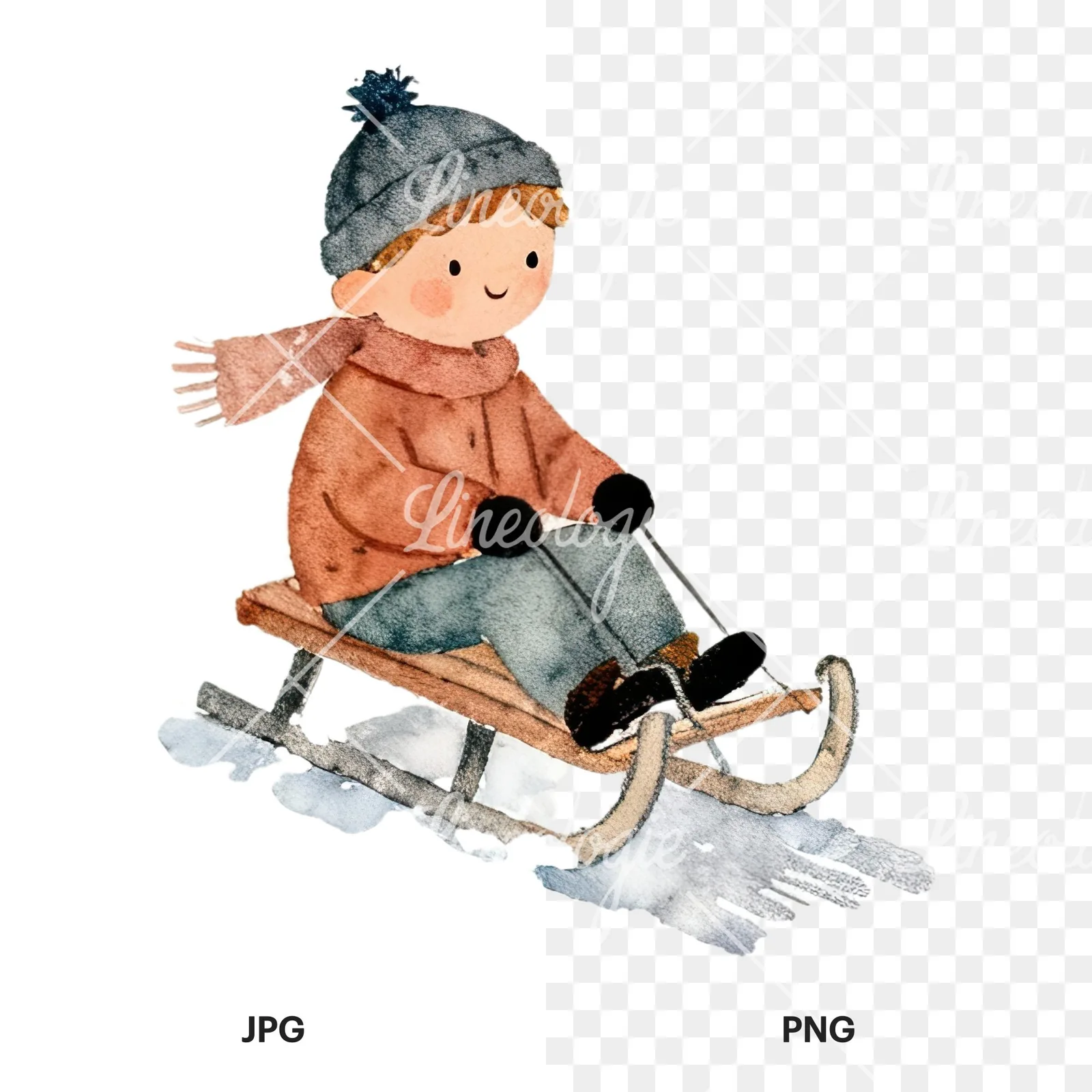 Watercolor Christmas children sledging clipart 1 of 9, as a JPG on white and a transparent PNG