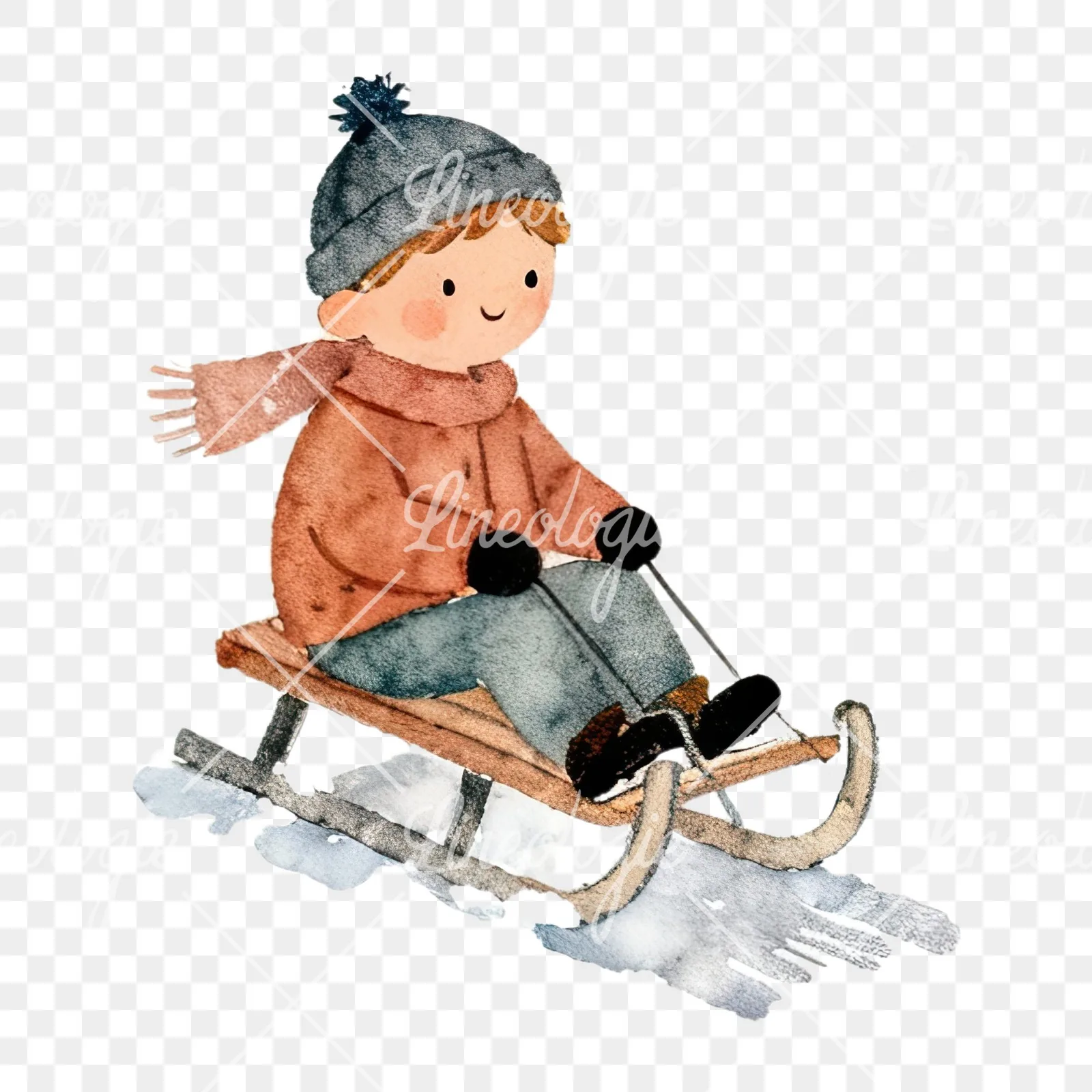 Watercolor Christmas children sledging clipart 1 of 9 on a transparent background (PNG)
