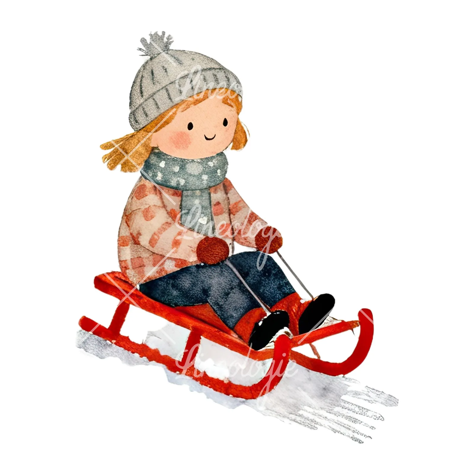 Watercolor Christmas children sledging clipart 2 of 9 on a white background (JPG)