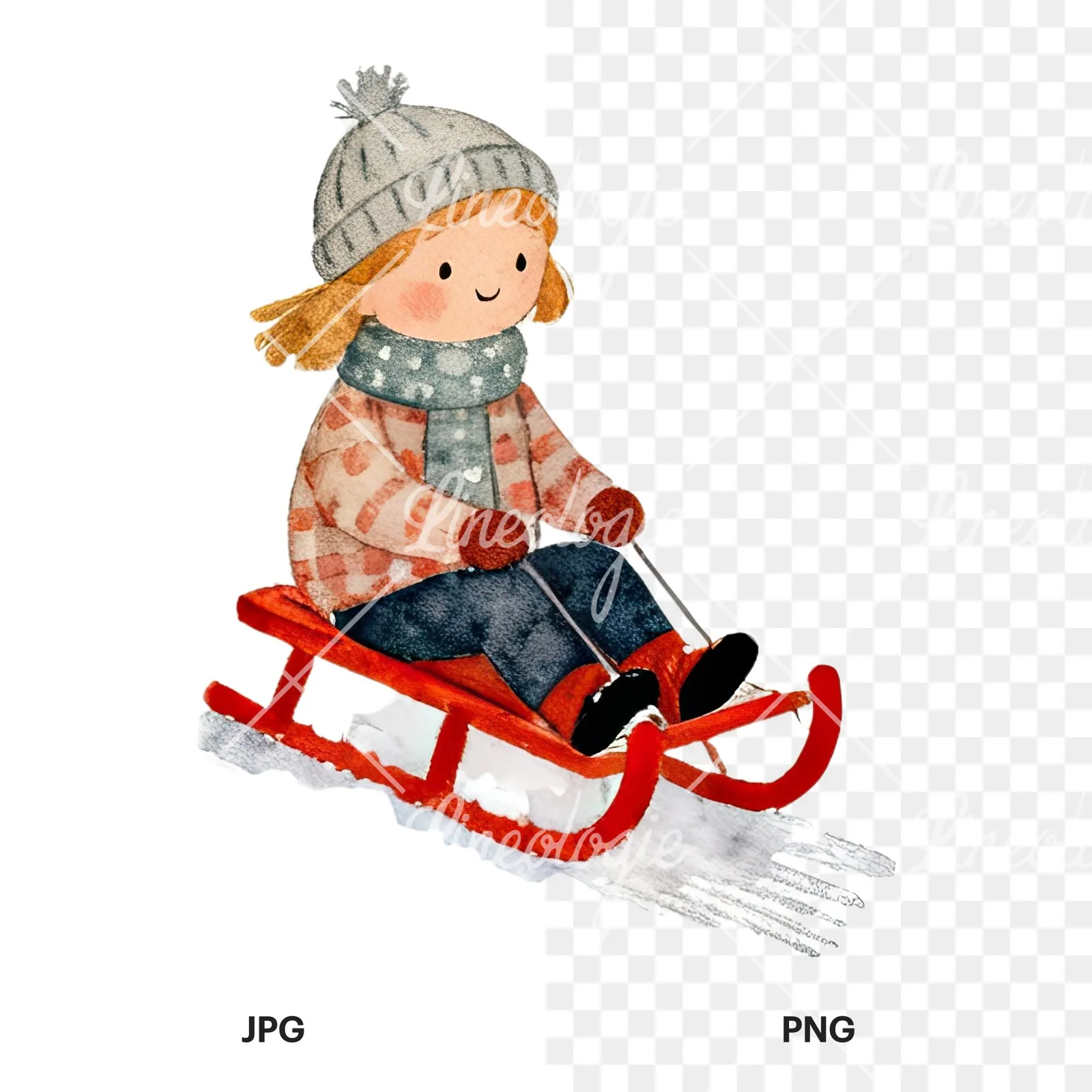 Watercolor Christmas children sledging clipart 2 of 9, as a JPG on white and a transparent PNG