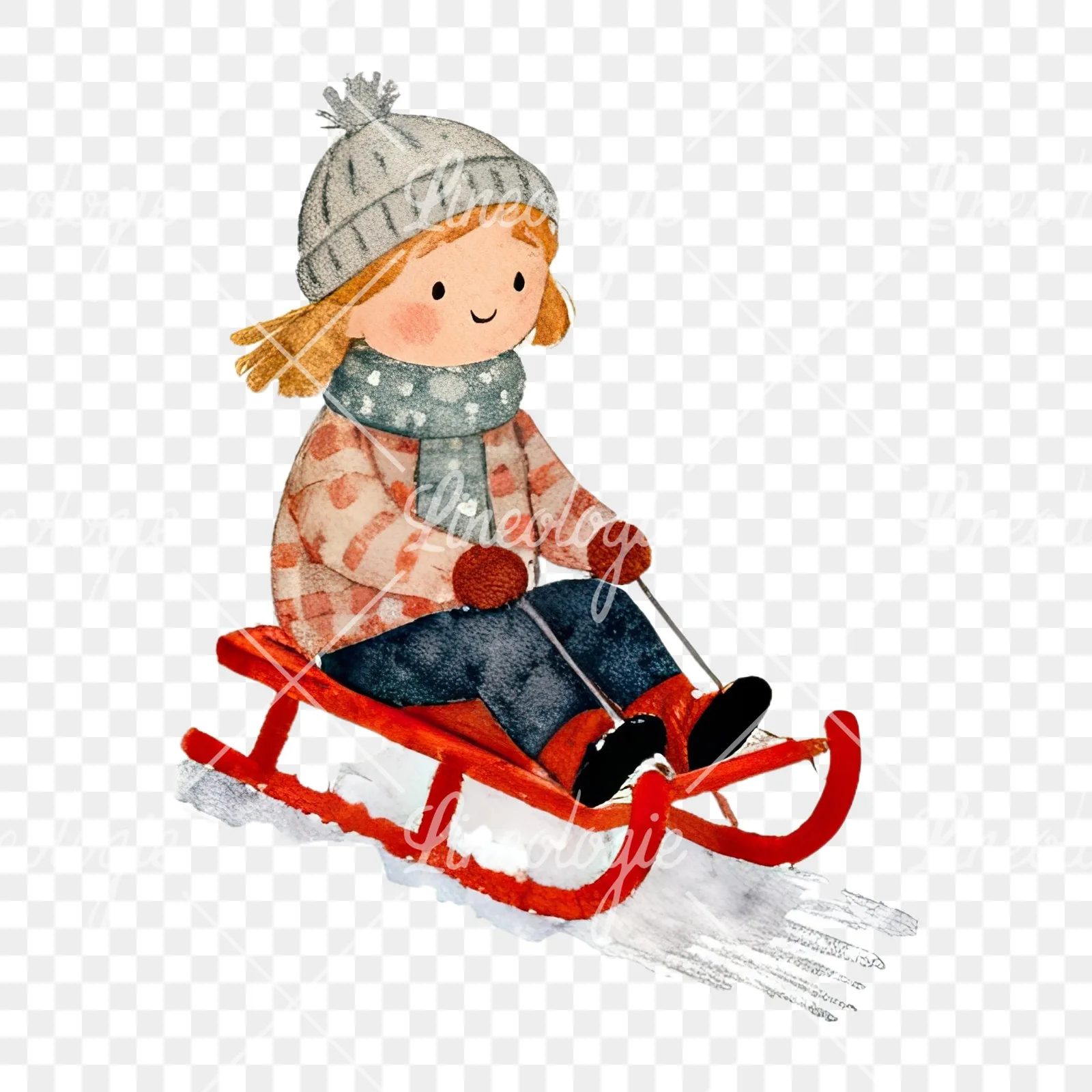 Watercolor Christmas children sledging clipart 2 of 9 on a transparent background (PNG)