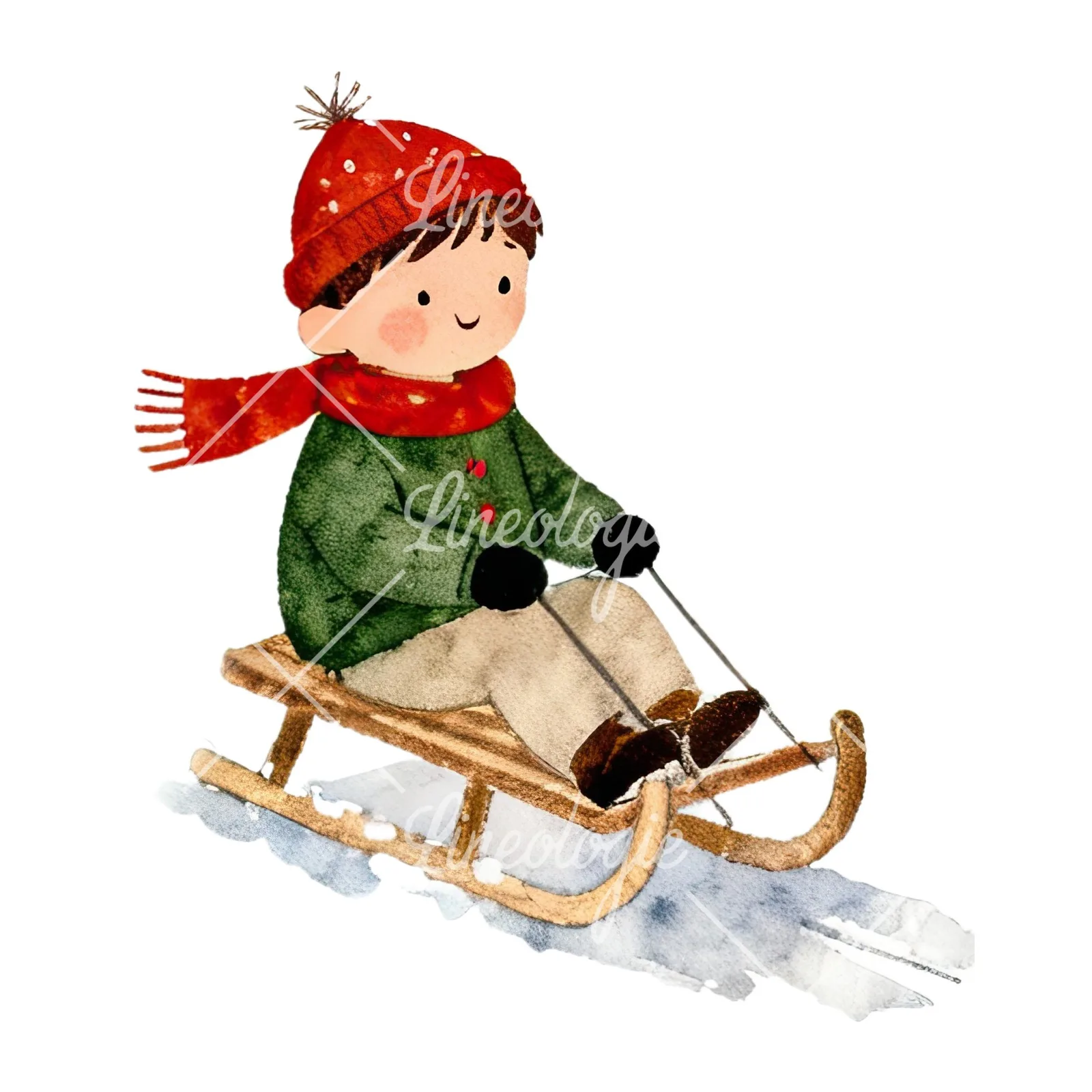 Watercolor Christmas children sledging clipart 3 of 9 on a white background (JPG)