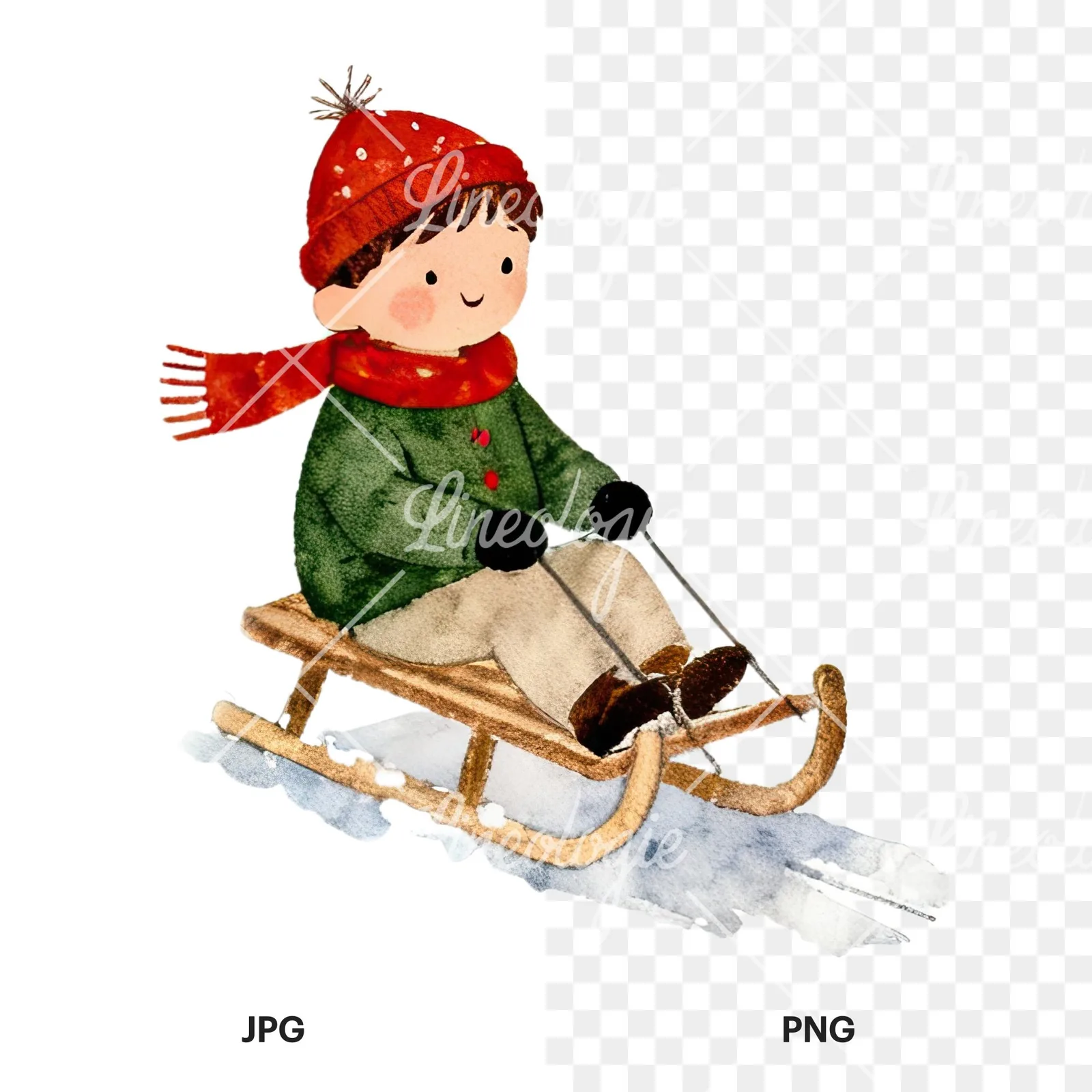 Watercolor Christmas children sledging clipart 3 of 9, as a JPG on white and a transparent PNG