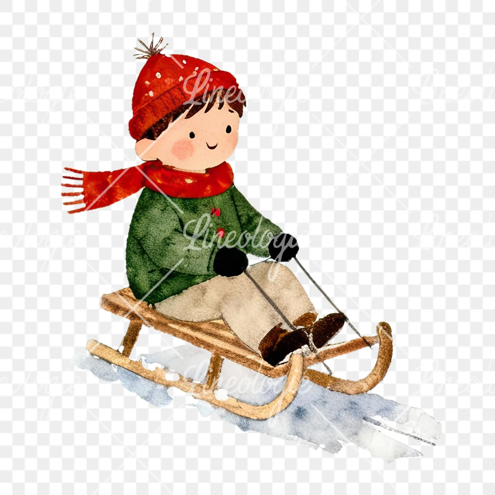 Watercolor Christmas children sledging clipart 3 of 9 on a transparent background (PNG)