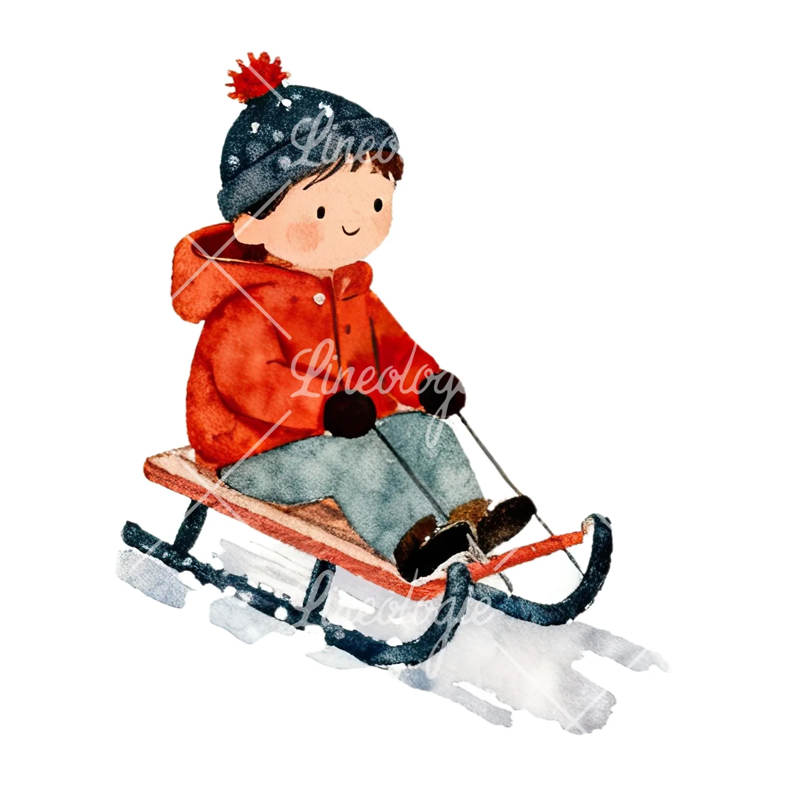 Watercolor Christmas children sledging clipart 4 of 9 on a white background (JPG)