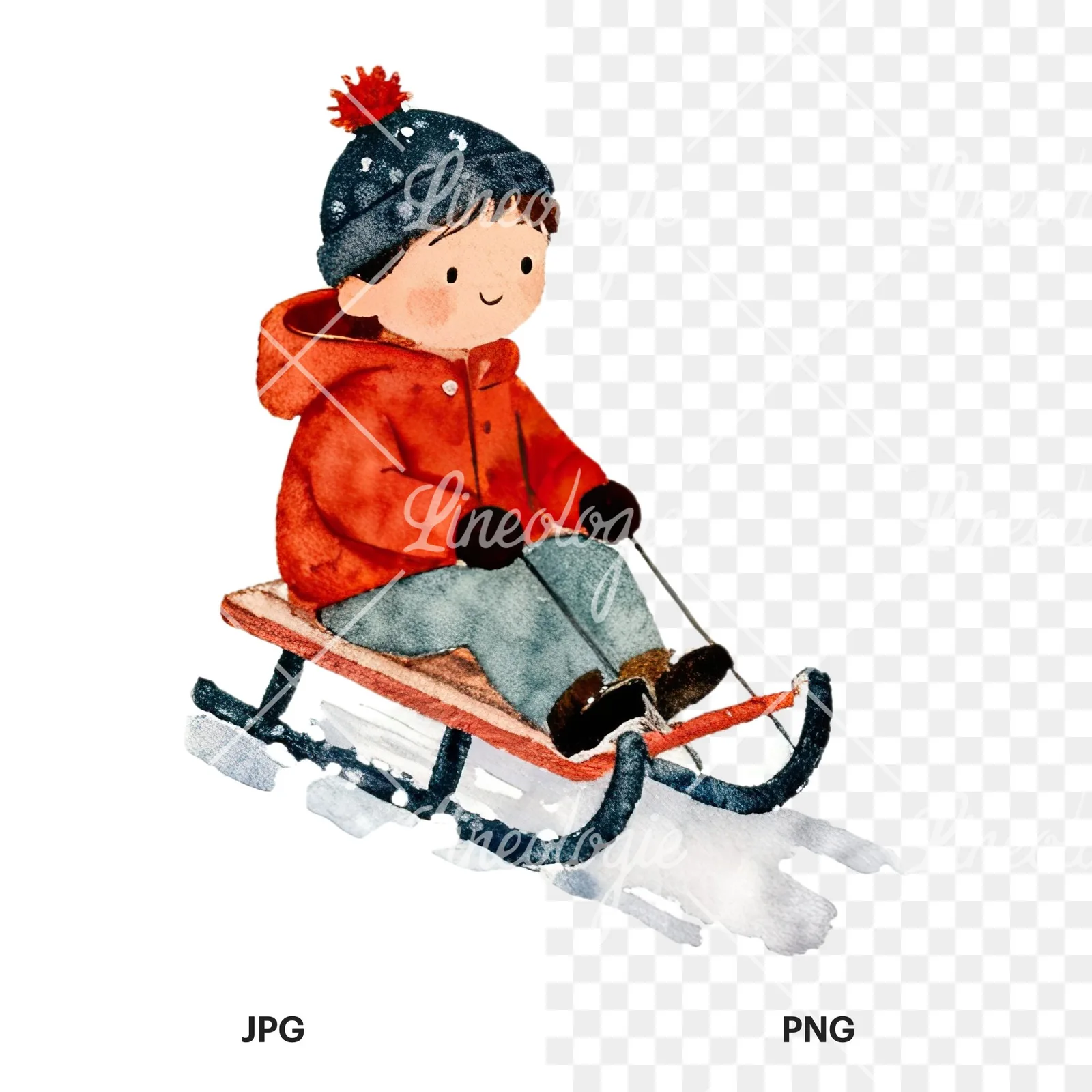 Watercolor Christmas children sledging clipart 4 of 9, as a JPG on white and a transparent PNG