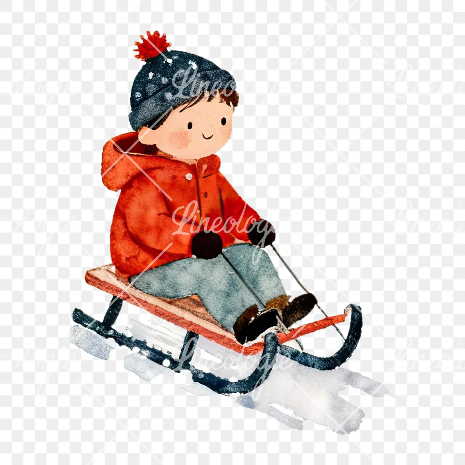 Watercolor Christmas children sledging clipart 4 of 9 on a transparent background (PNG)