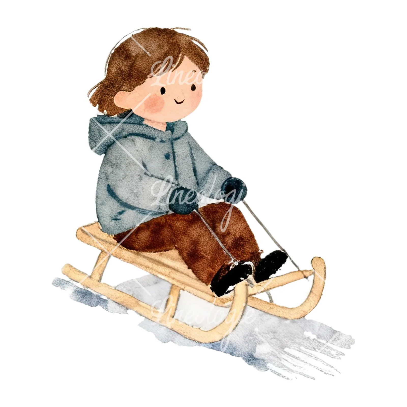 Watercolor Christmas children sledging clipart 5 of 9 on a white background (JPG)