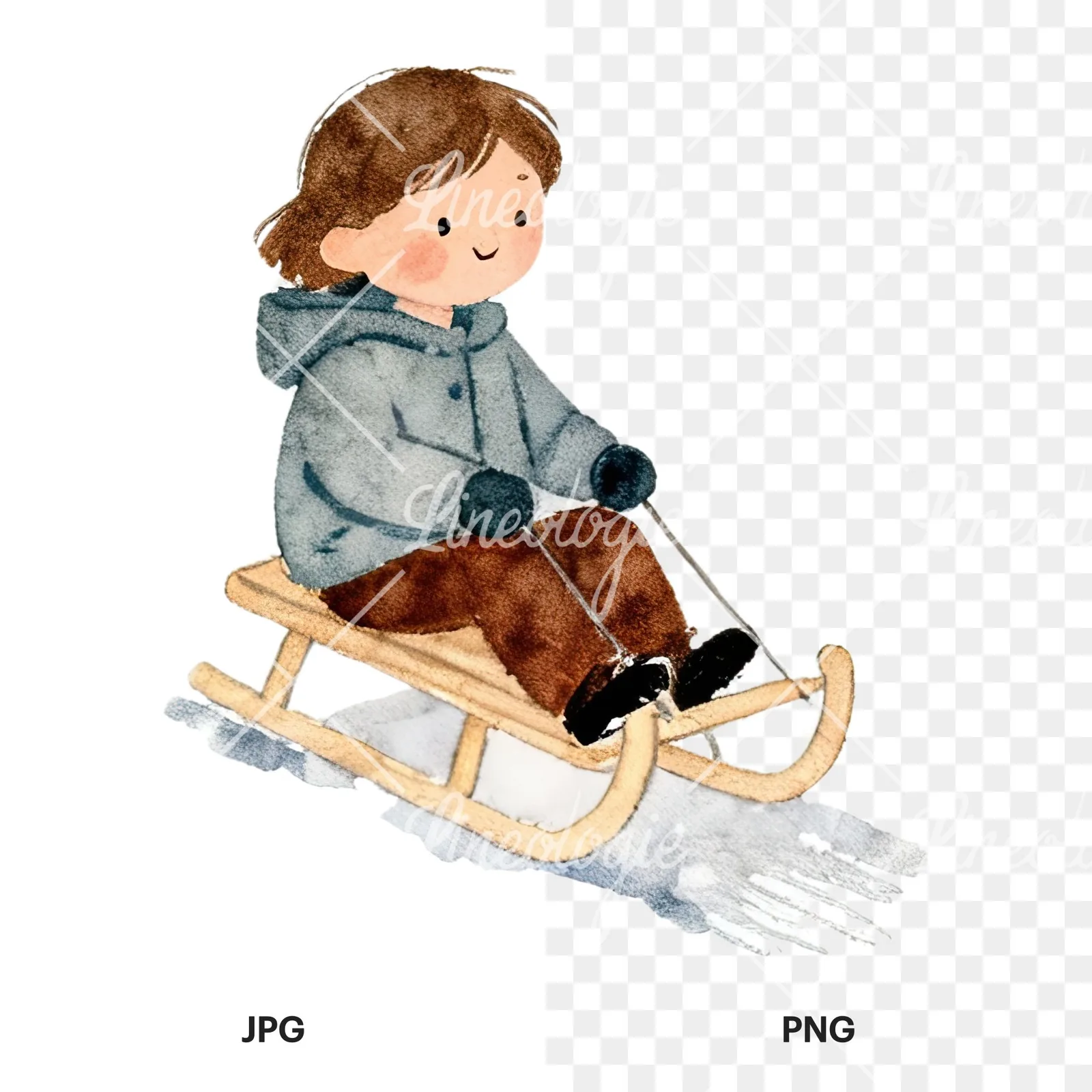 Watercolor Christmas children sledging clipart 5 of 9, as a JPG on white and a transparent PNG