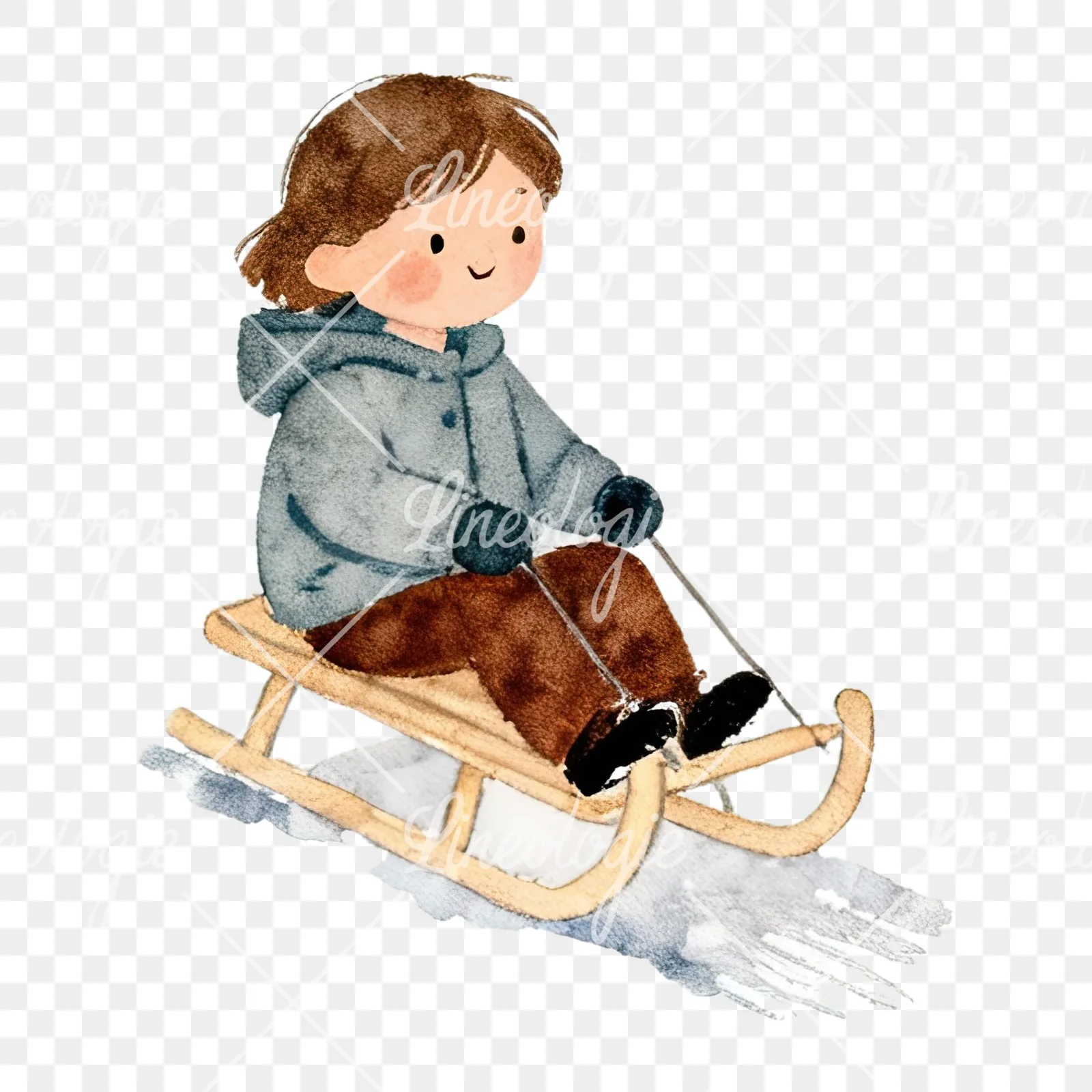 Watercolor Christmas children sledging clipart 5 of 9 on a transparent background (PNG)