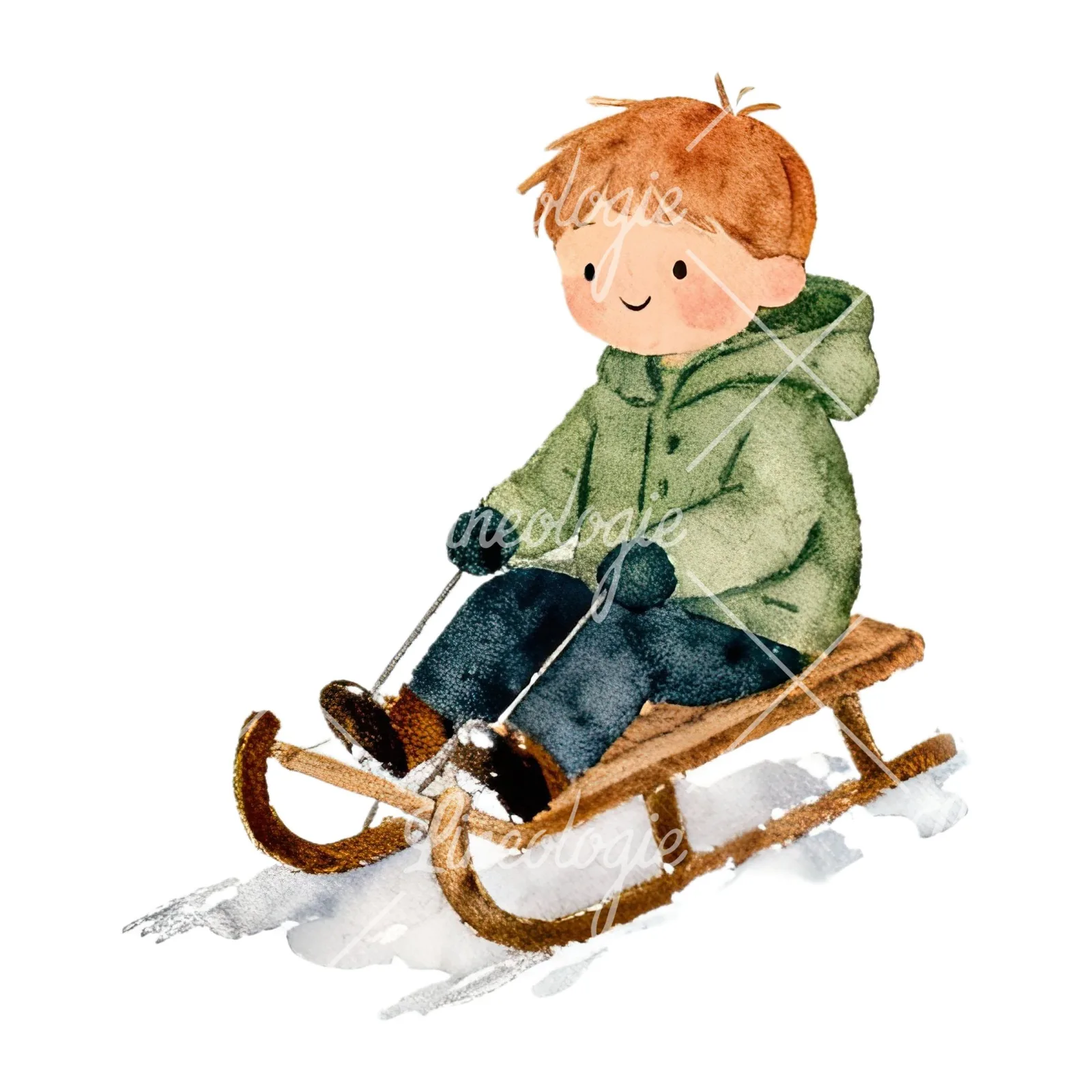 Watercolor Christmas children sledging clipart 6 of 9 on a white background (JPG)