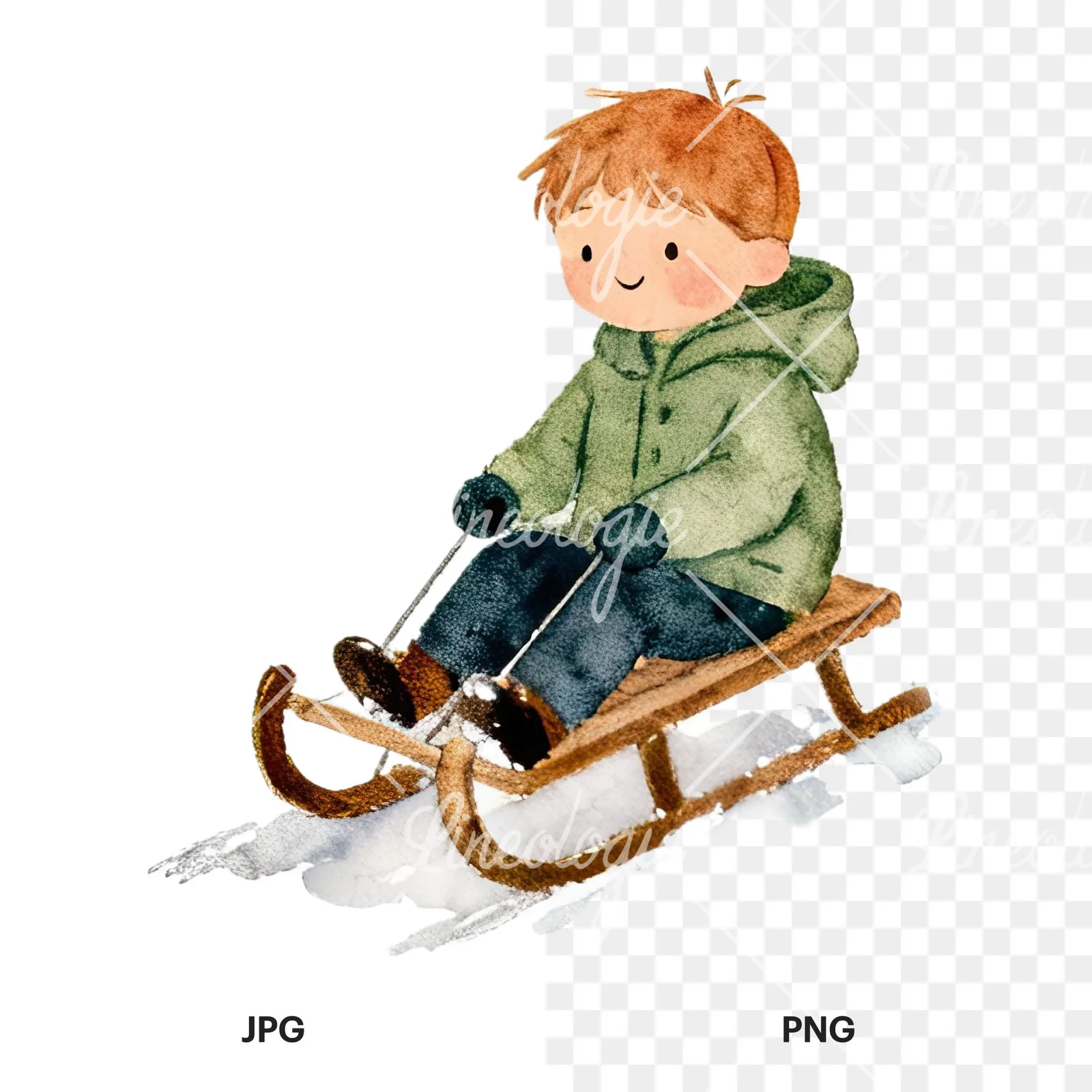 Watercolor Christmas children sledging clipart 6 of 9, as a JPG on white and a transparent PNG