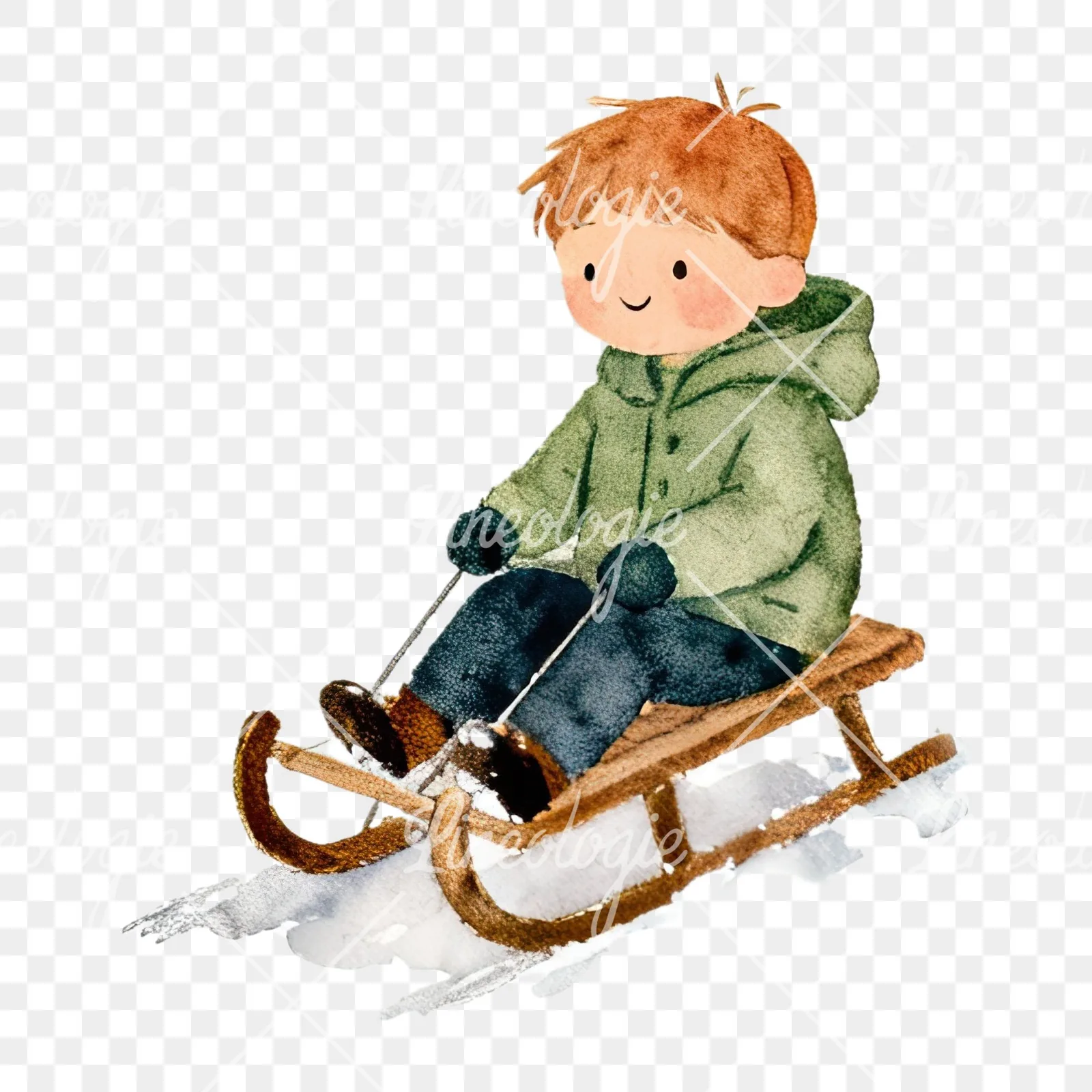 Watercolor Christmas children sledging clipart 6 of 9 on a transparent background (PNG)