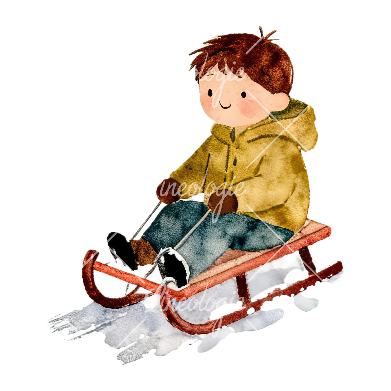 Watercolor Christmas children sledging clipart 7 of 9 on a white background (JPG)