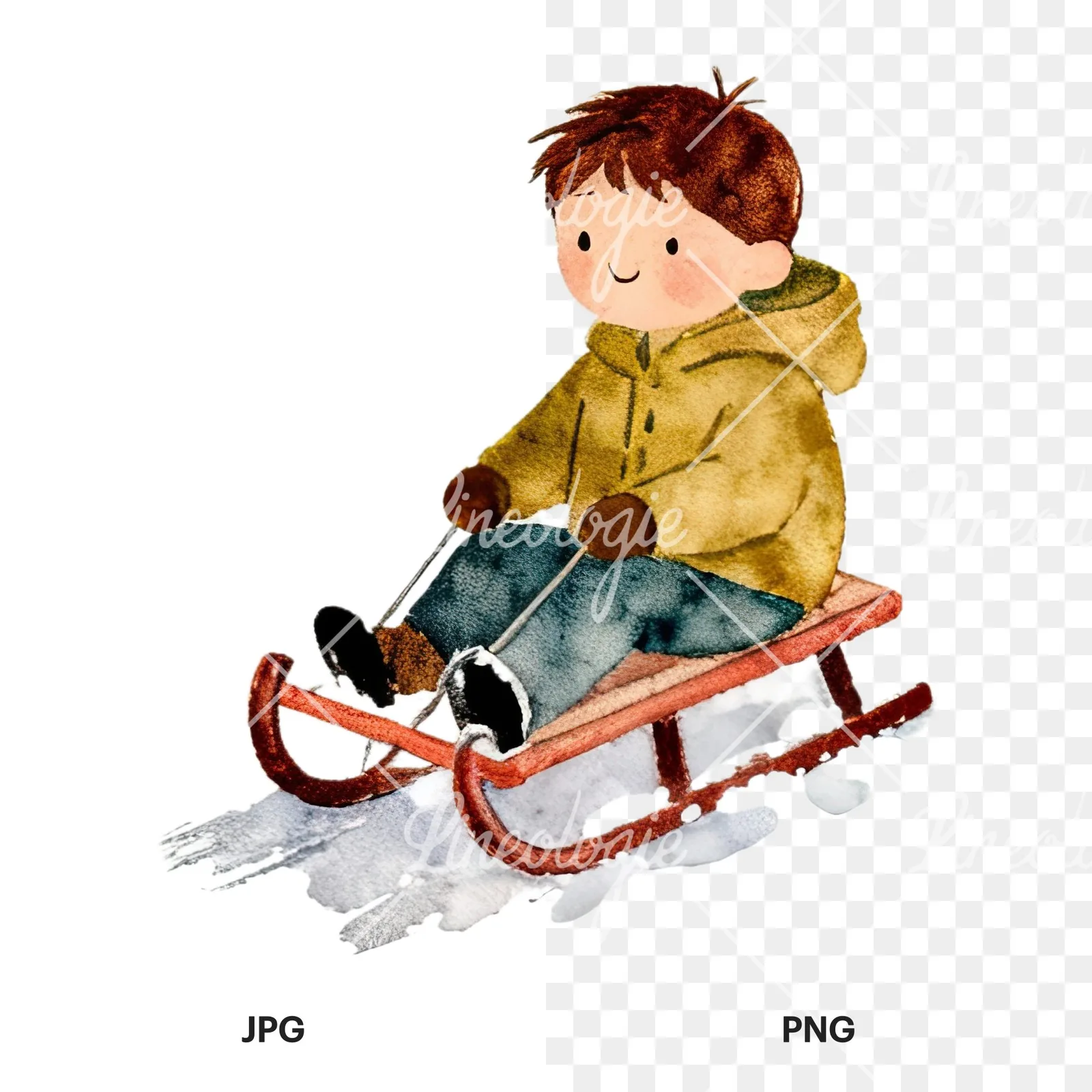 Watercolor Christmas children sledging clipart 7 of 9, as a JPG on white and a transparent PNG