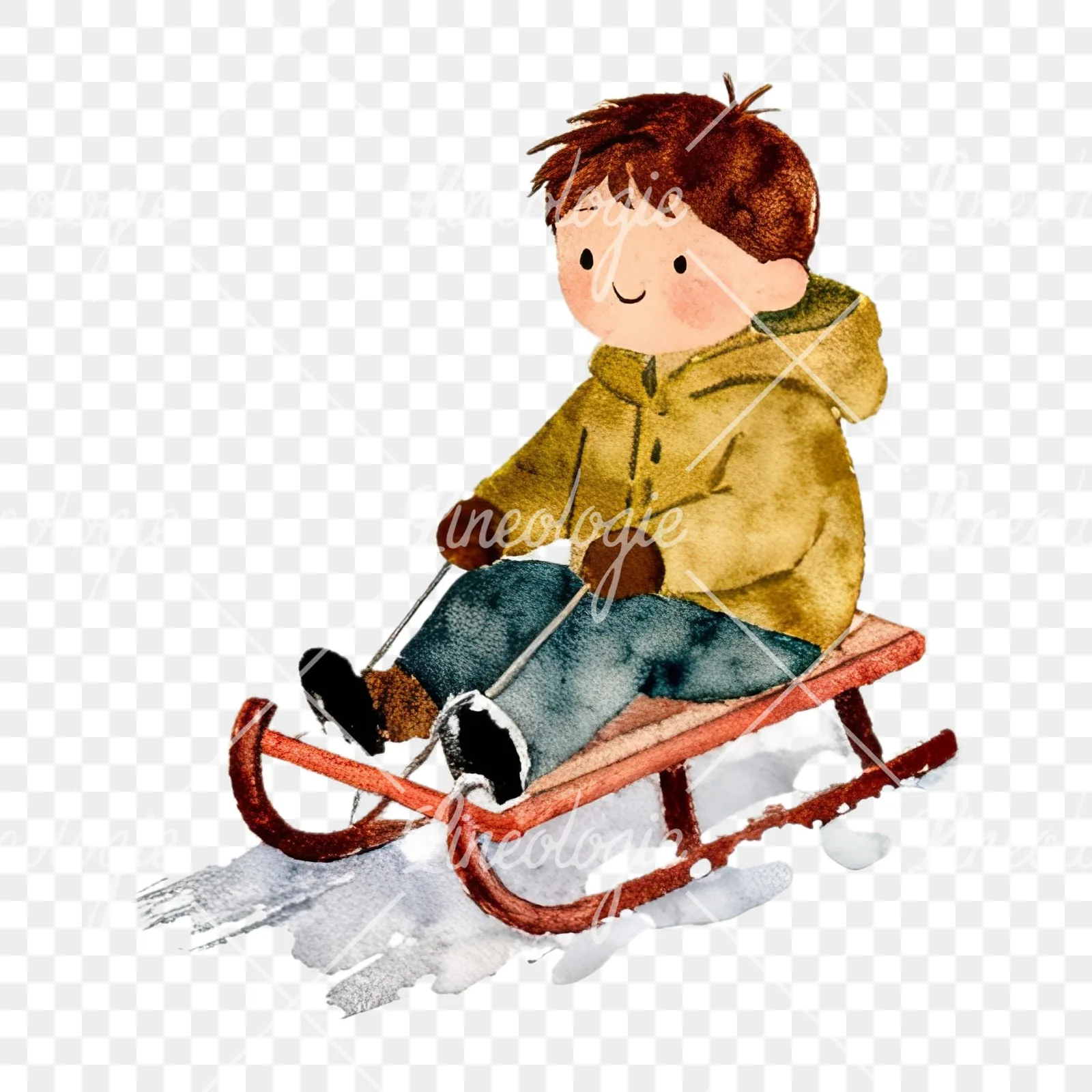 Watercolor Christmas children sledging clipart 7 of 9 on a transparent background (PNG)