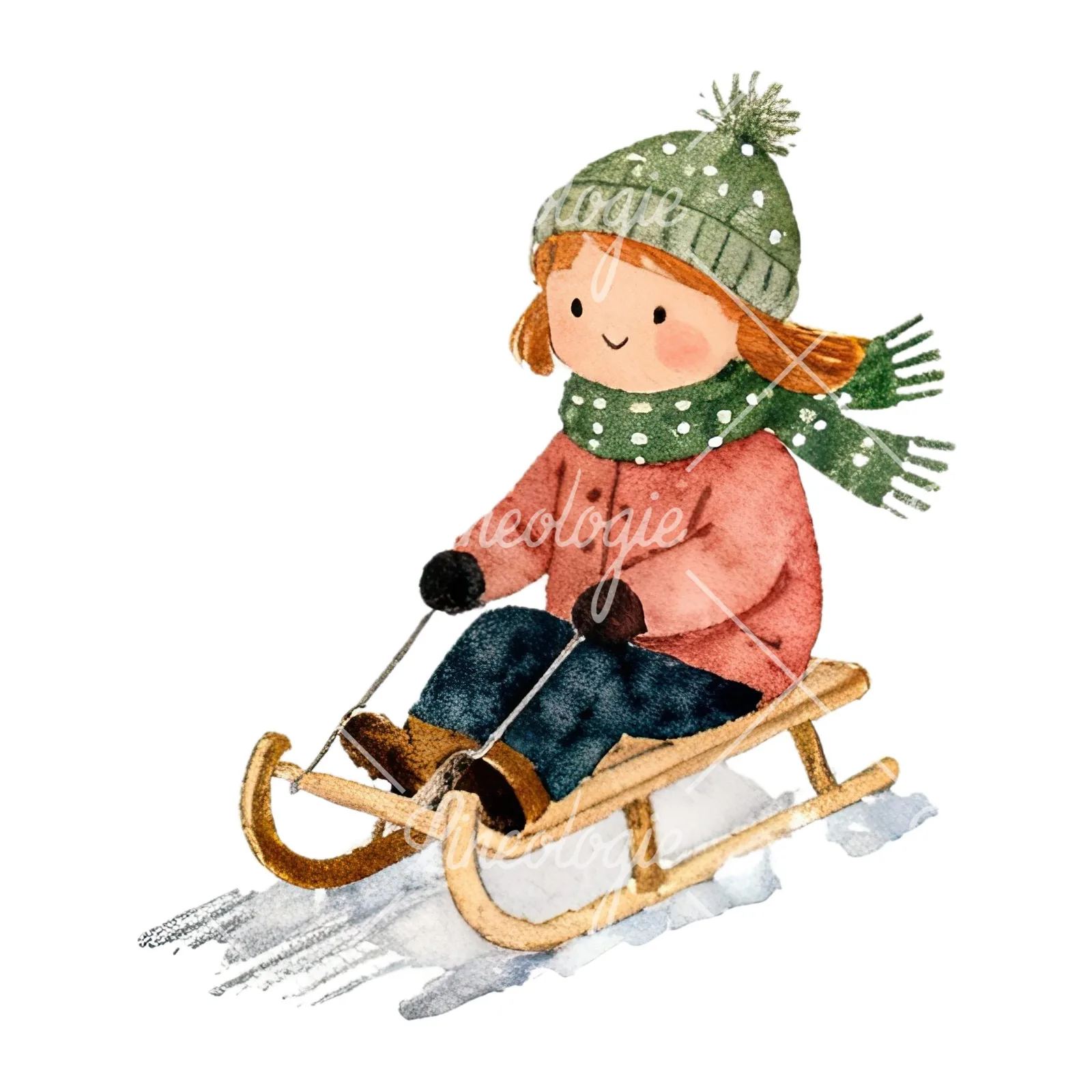 Watercolor Christmas children sledging clipart 8 of 9 on a white background (JPG)