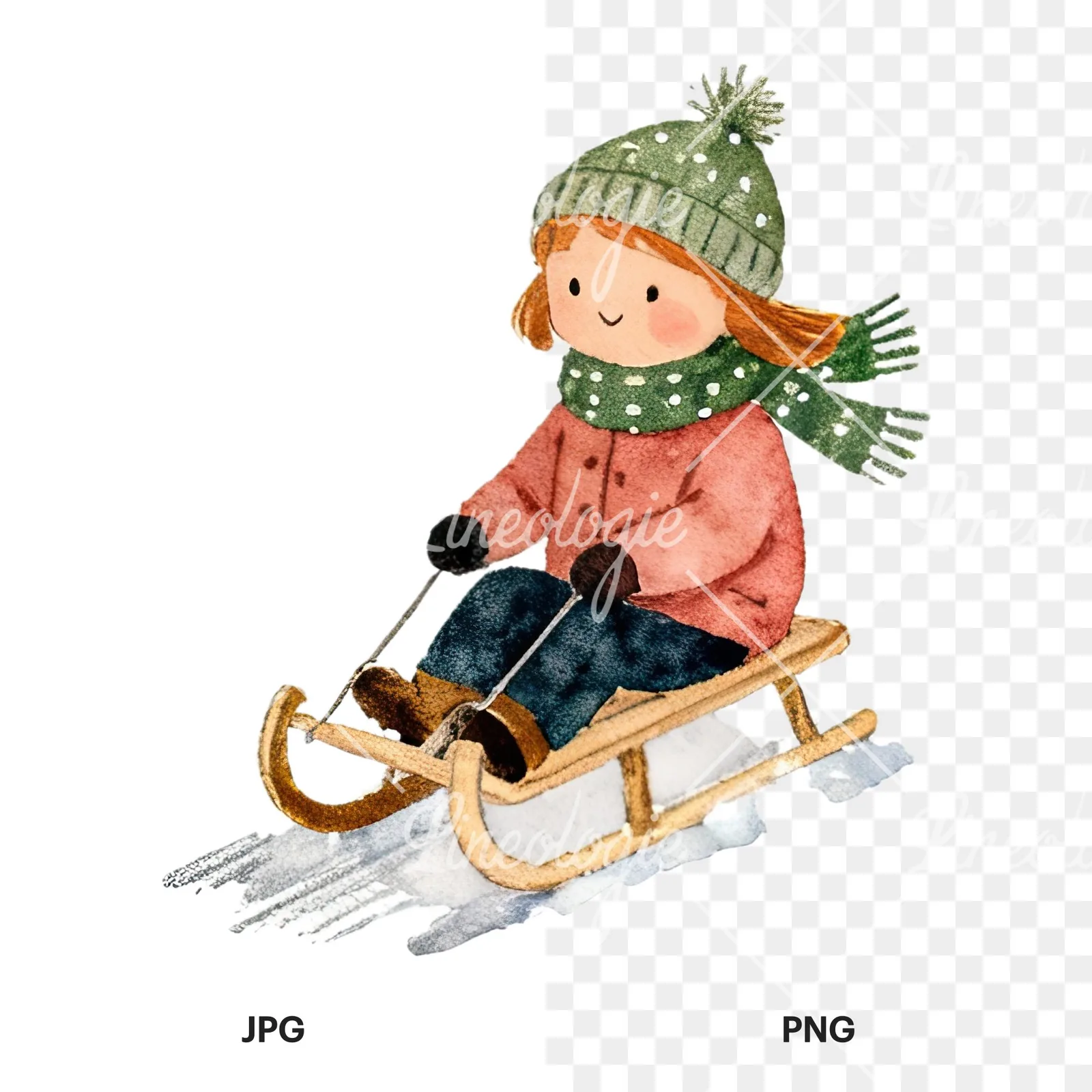 Watercolor Christmas children sledging clipart 8 of 9, as a JPG on white and a transparent PNG